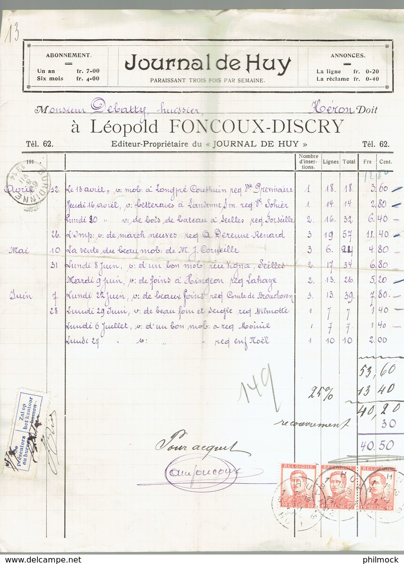 M.Facture Journal De Huy - Obl Burdinne Et Huy 1B Hoei Le 7-VII-1914 Sur 118x3 Vers Héron - 1900 – 1949