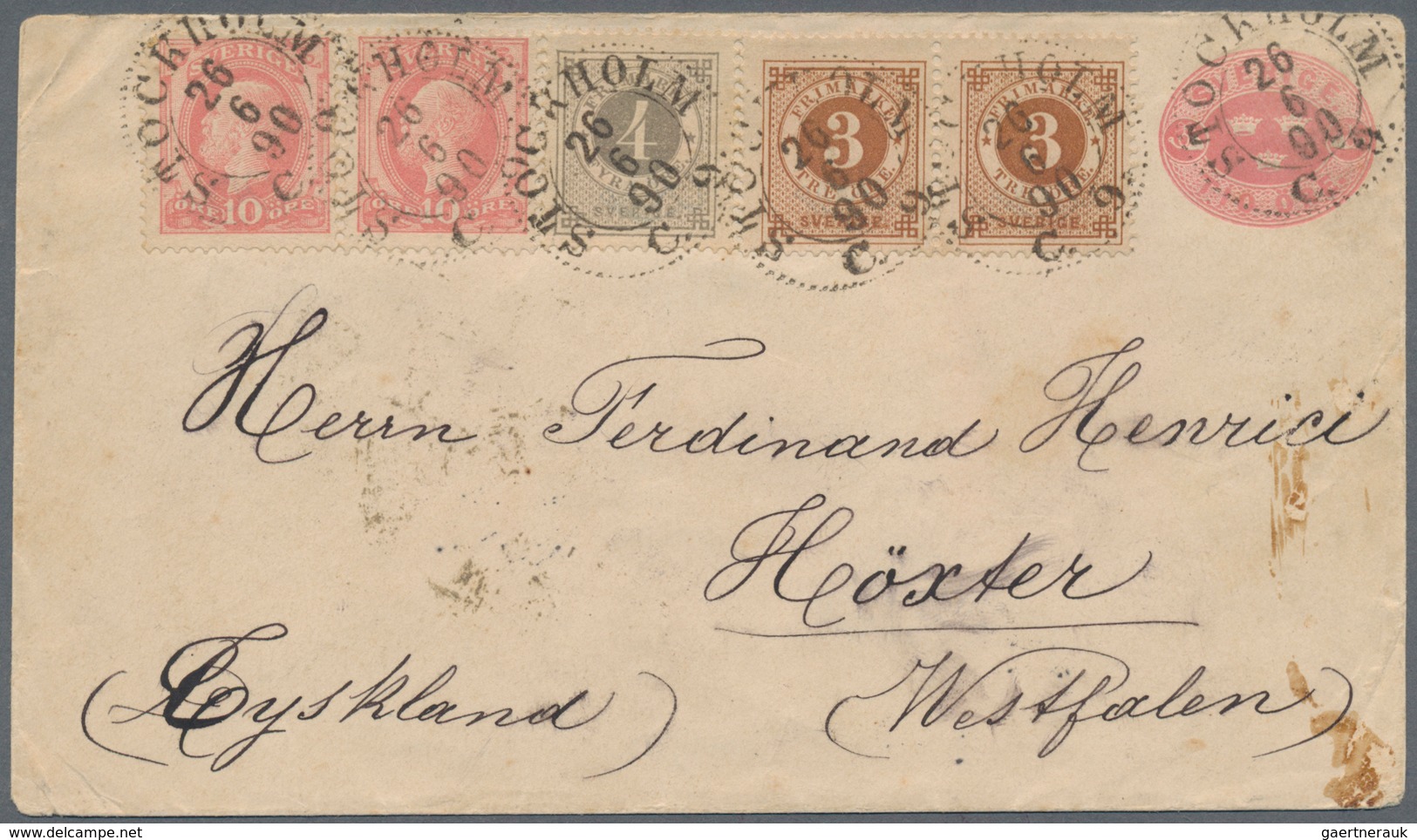 Schweden: 1890. Postal Stationery Envelope 10 øre Rose Upgraded With Yvert 36, 3 øre Brown (pair), Y - Unused Stamps