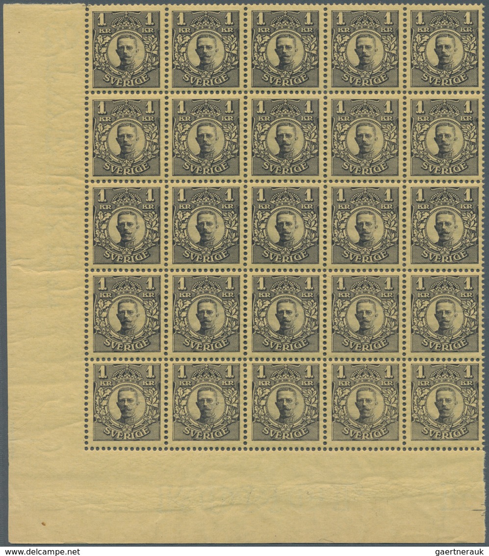 Schweden: 1911, 1kr. Black On Yellow, Marginal Block Of 25 From The Lower Left Corner Of The Sheet, - Neufs