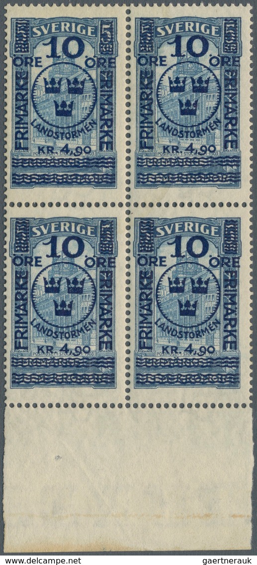 Schweden: 1916, Landsturmmarke 10 Öre + 4.90 Kr. On 5 Kr. Blue, In Mint Block Of Four, Fold Remainde - Unused Stamps