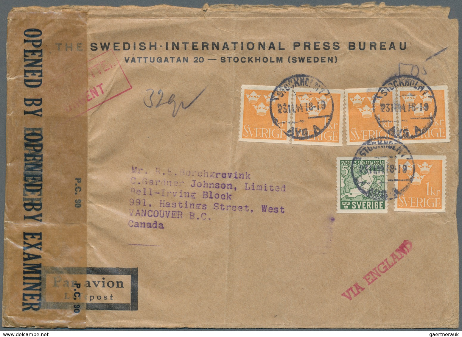 Schweden: 1944 Airmail Letter With 5x1 Crown Orange And 5 Öre Green From Stockholm To Vancouver Over - Neufs