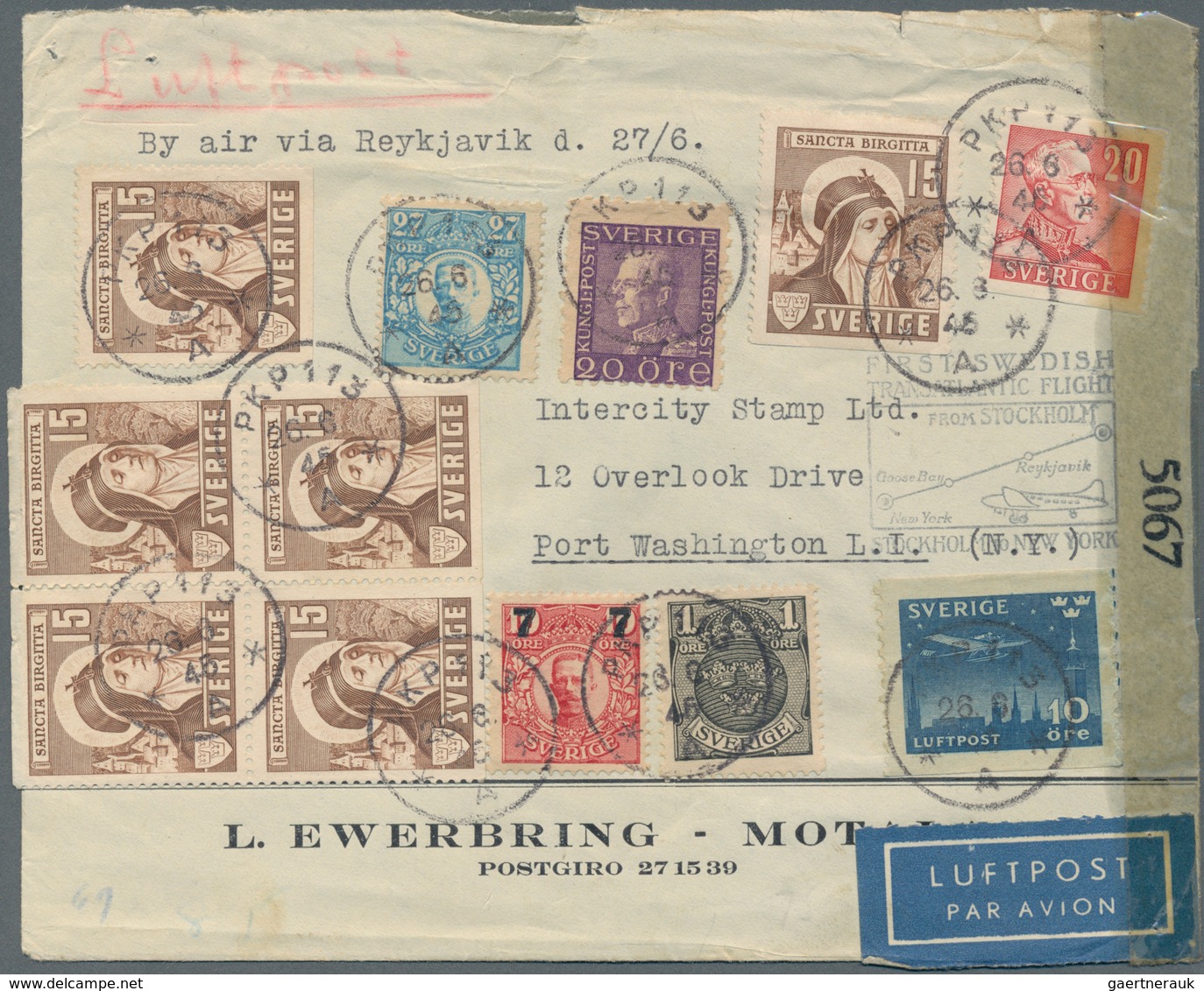 Schweden: 1946 Censored Airmail Letter With Multicolor Franking With First Flight Stockholm - New Yo - Neufs