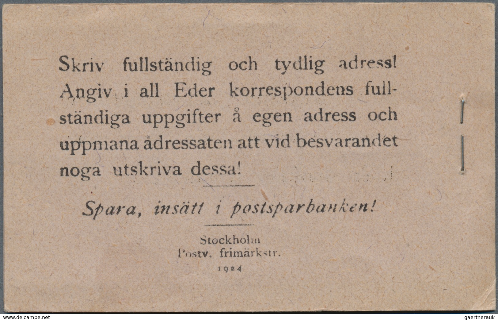 Schweden - Markenheftchen: 1924, Gustaf V Left Profile, Complete Stamp Booklet ‚Pris 3 Kronor.‘ Bear - 1951-80