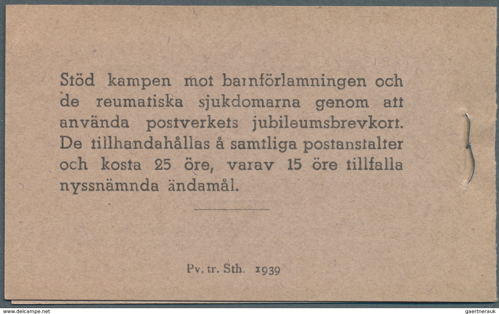 Schweden - Markenheftchen: 1939, Gustaf V Right Profile Type I, Complete Stamp Booklet ‚Pris 2 Krono - 1951-80
