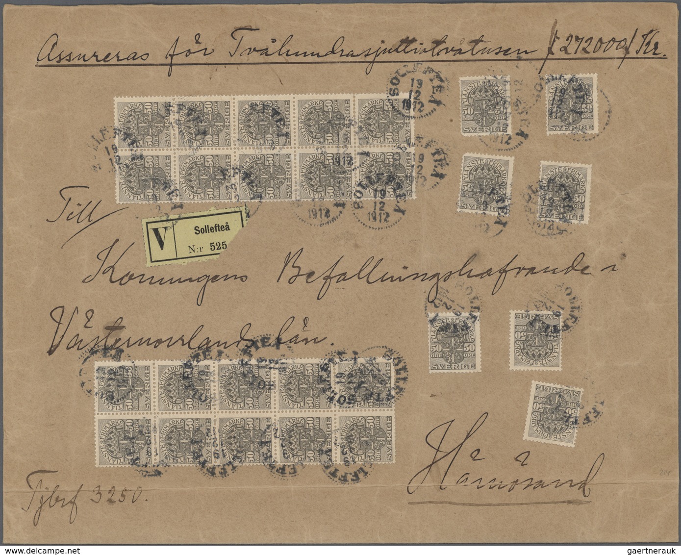Schweden - Dienstmarken: 1912, Larger Envelope, Value Declared "272.000 Kr" Franked With 50 Öre In T - Service
