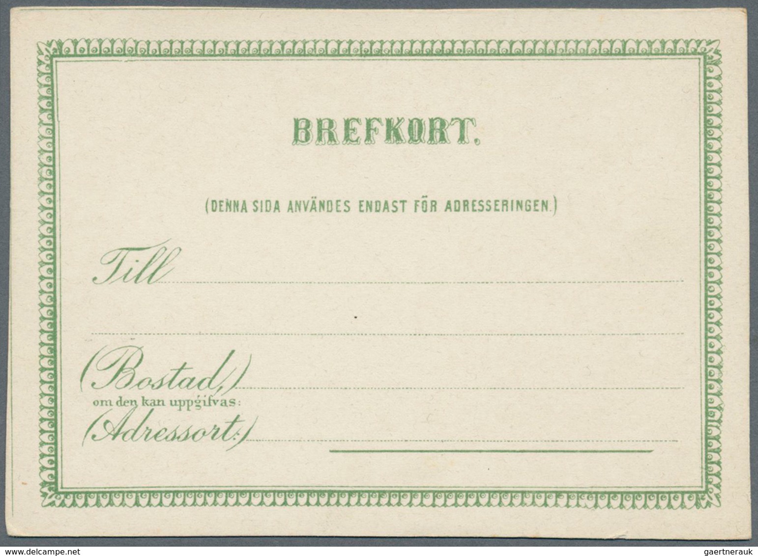 Schweden - Ganzsachen: 1872/1880 (ca.), Essay In Green, Issued Design But Without Value. Rare And At - Ganzsachen