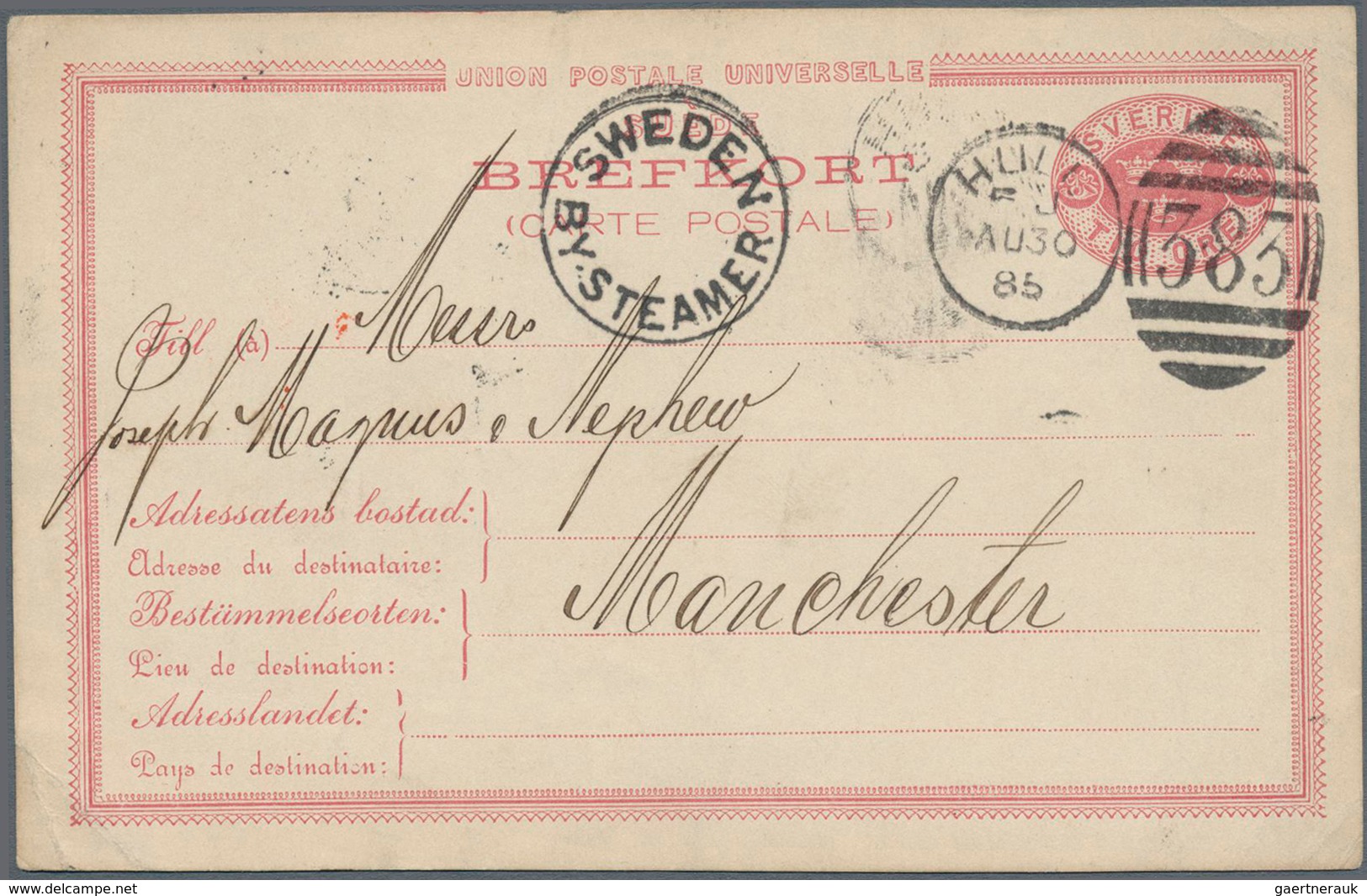 Schweden - Ganzsachen: 1879, GA-Karte 10 Ö Karminrosa (leichter Eckbug) Bedarfsgebraucht In Leeds 28 - Postal Stationery