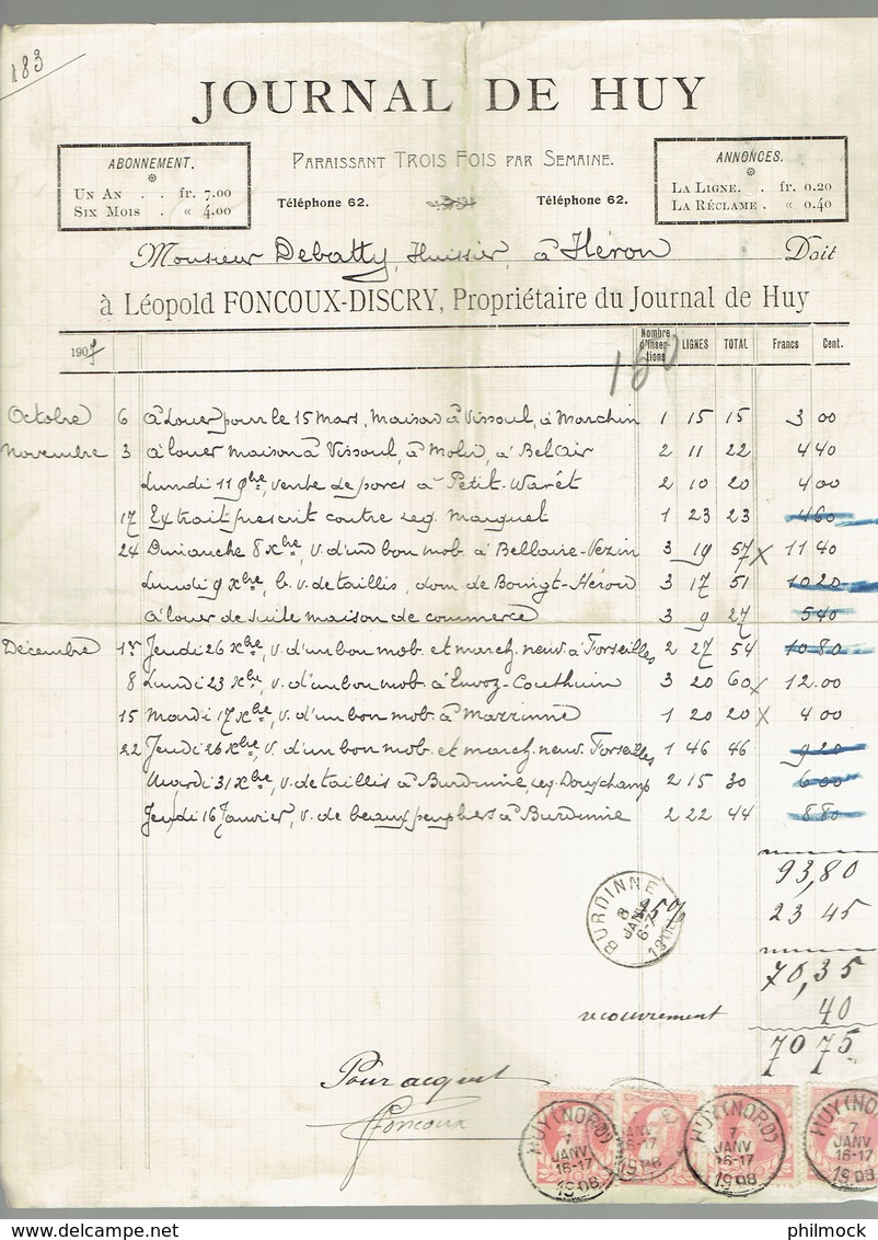 M.Facture Journal De Huy - Obl Burdinne Et Huy(Nord) Le 7-Janv-1908 Sur 74x4  Vers Héron - 1900 – 1949