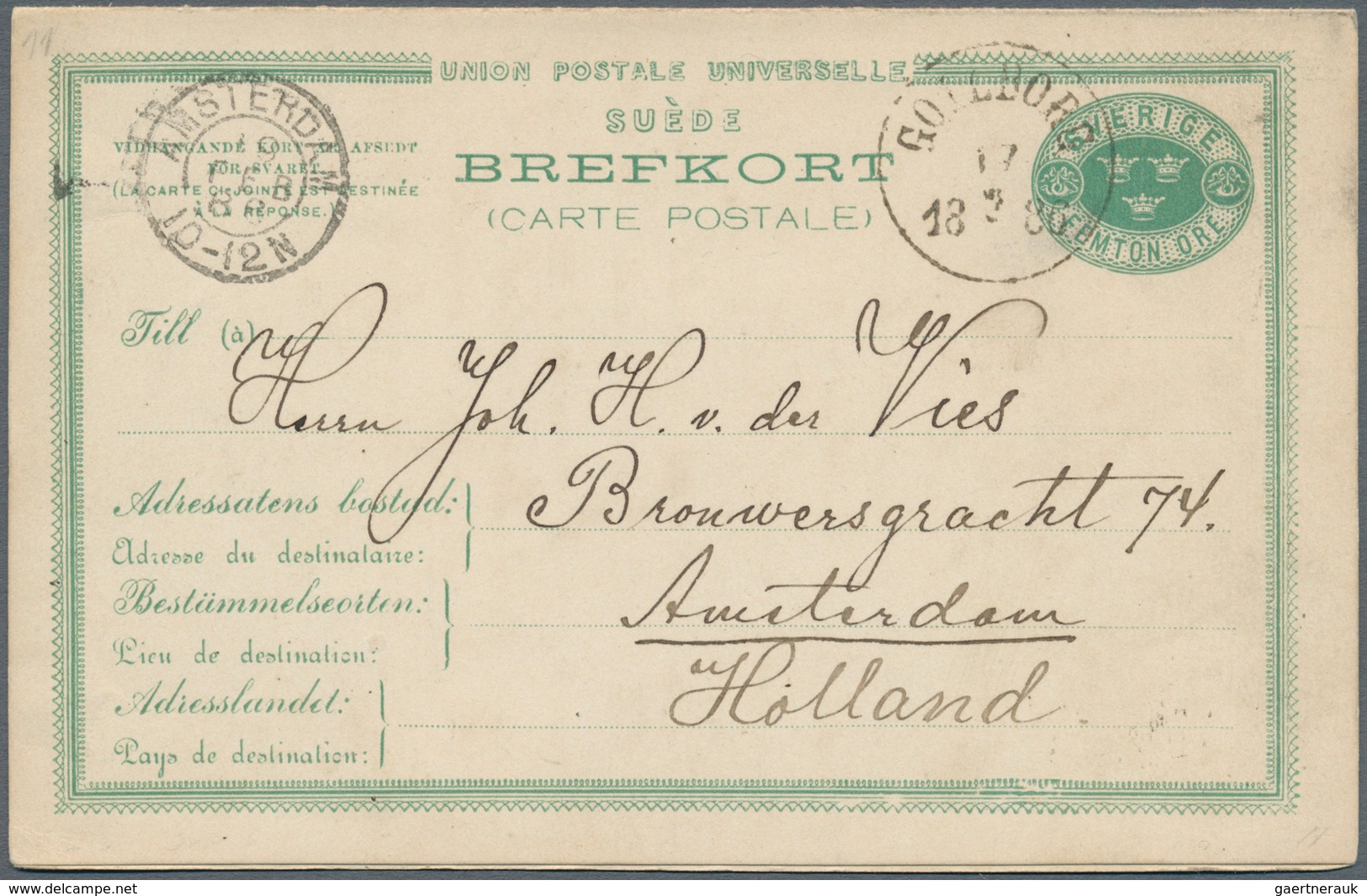 Schweden - Ganzsachen: Doppelkarte 15 Ö. Blaugrün Sauberer Bedarf 1886 N. Holland, Mi 1.000.- Euro. - Postal Stationery