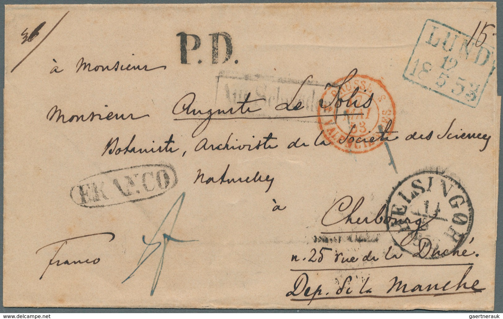 Schweden - Besonderheiten: 1853. Stampless Envelope Addressed To France Cancelled By Boxed Hand-stru - Autres & Non Classés