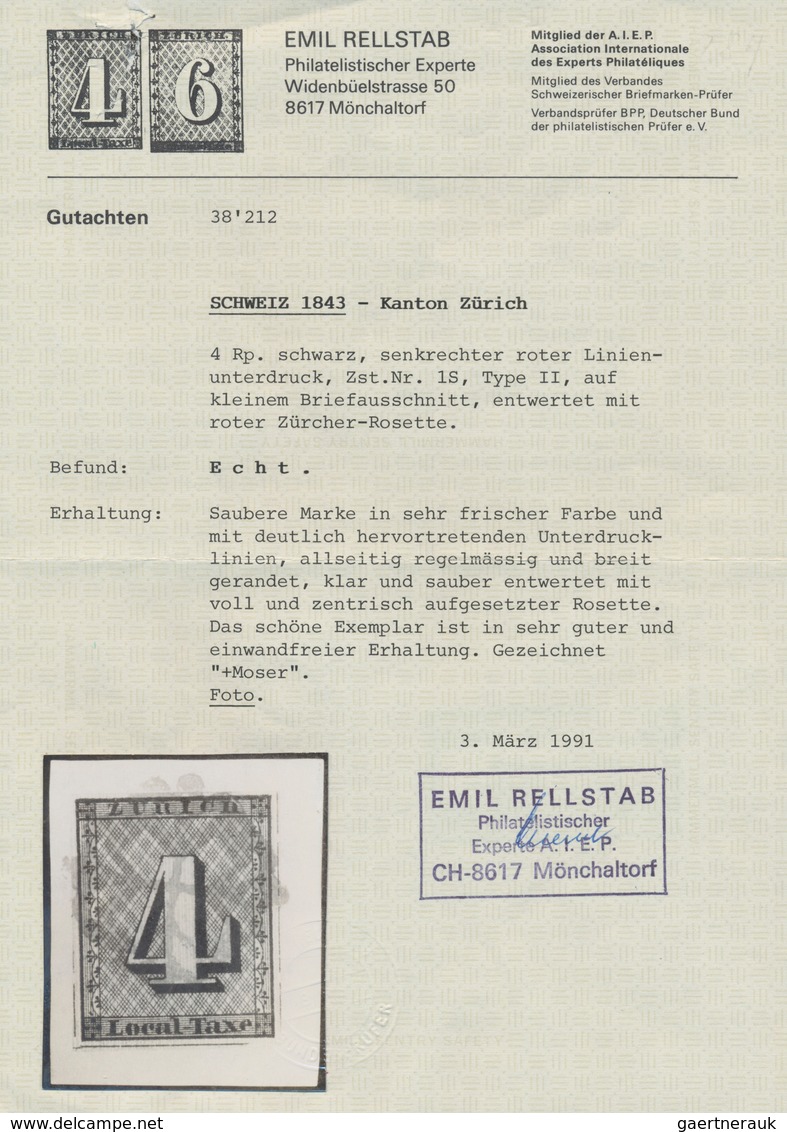 Schweiz - Zürich: 1843, 4 Rp Schwarz Mit Deutlich Ausgeprägten Senkrechten Unterdrucklinien, Farbfri - 1843-1852 Kantonalmarken Und Bundesmarken