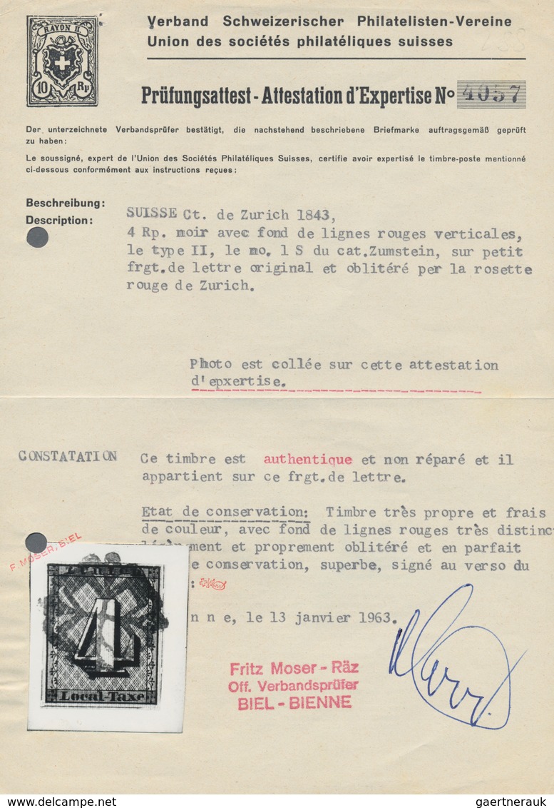Schweiz - Zürich: 1843, 4 Rp Schwarz Mit Deutlich Ausgeprägten Senkrechten Unterdrucklinien, Farbfri - 1843-1852 Kantonalmarken Und Bundesmarken