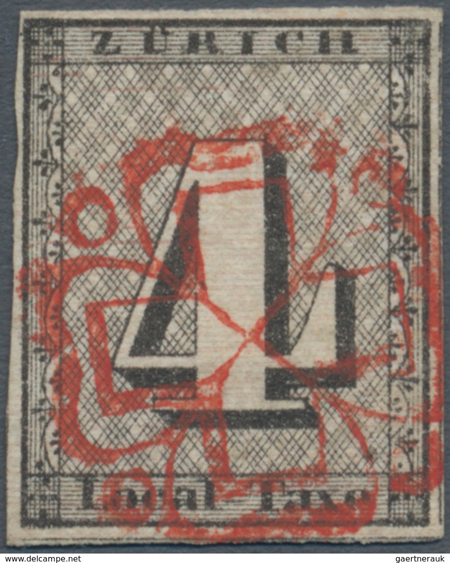 Schweiz - Zürich: 1843, 4 Rp. Schwarz Mit WAAGERECHTEM ROTEM LINIENUNTERDRUCK, Entwertet Mit Klar Un - 1843-1852 Federal & Cantonal Stamps