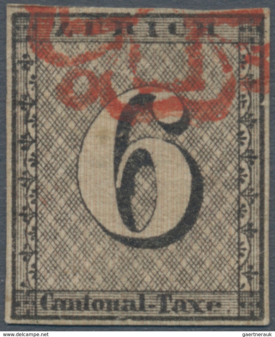 Schweiz - Zürich: 1843 Zürich 6 Rp. Mit Senkrechten, Roten Unterdrucklinien, Type IV, Gestempelt Mit - 1843-1852 Timbres Cantonaux Et  Fédéraux