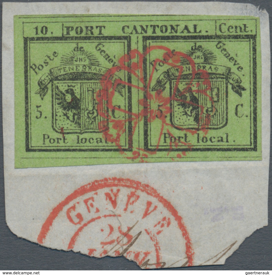 Schweiz - Genf: 1843, 5 + 5 C. "Doppelgenf", Gelbgrün Auf Kleinem Briefstück. Die Marke Ist Vierseit - 1843-1852 Timbres Cantonaux Et  Fédéraux