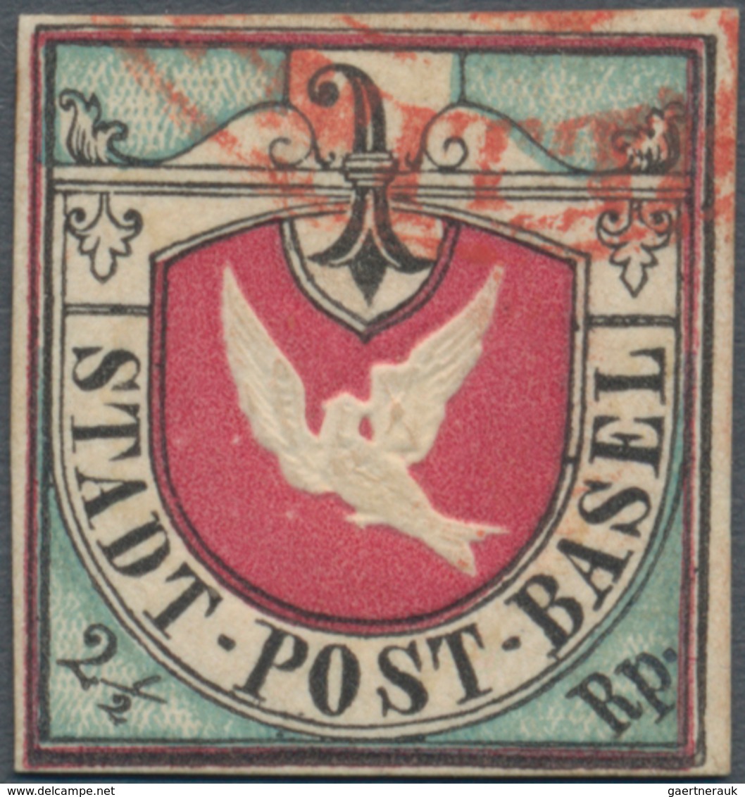 Schweiz - Basel: 1845, 2½ Rp Schwarz/blau/karmin, Sog. Basler Taube, Allseits Breitrandig Geschnitte - 1843-1852 Kantonalmarken Und Bundesmarken