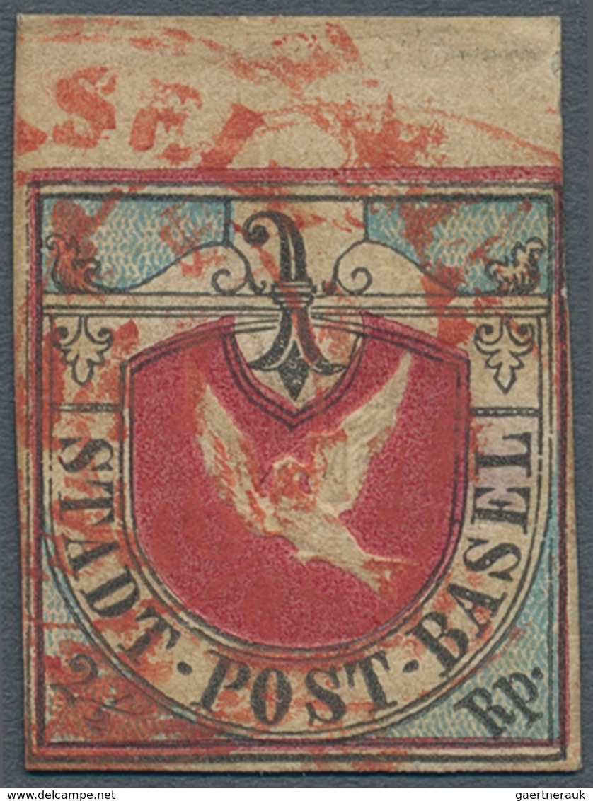 Schweiz - Basel: 1845 Basler Taube 2½ Rp. Schwarz/lebhaftblau/karmin Von Der Ersten Auflage, Mit 5mm - 1843-1852 Timbres Cantonaux Et  Fédéraux