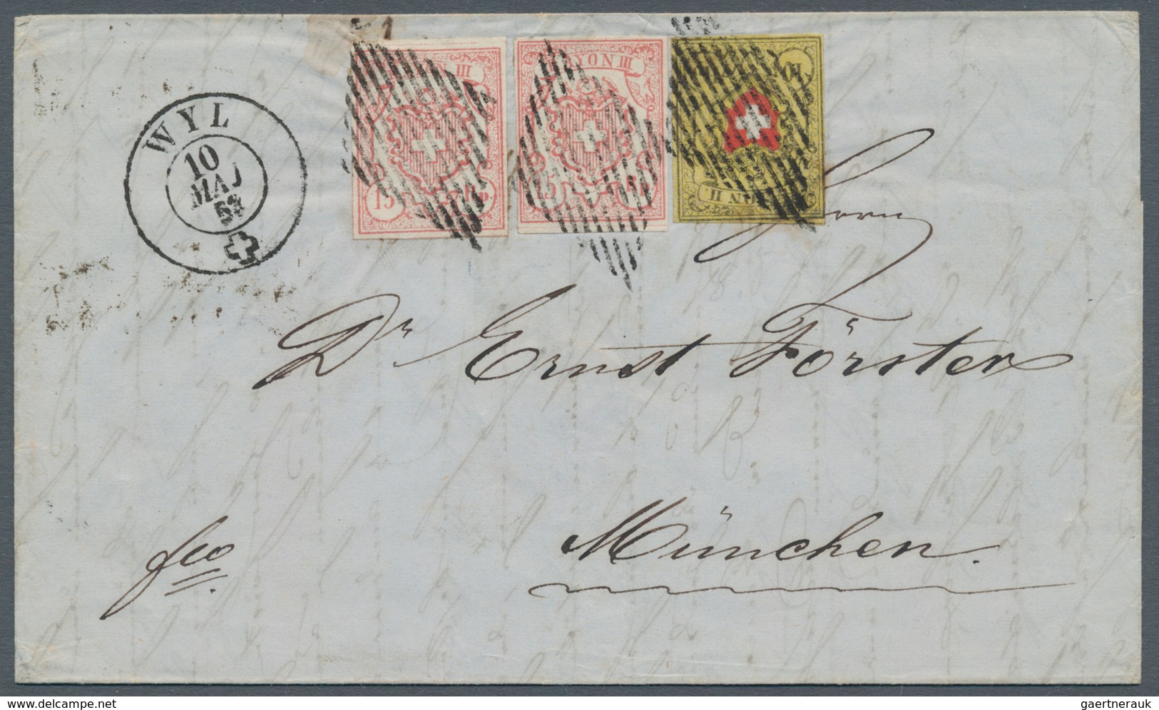 Schweiz: 1853 Faltbrief Von Wyl, St. Gallen Nach MÜNCHEN, Frankiert Mit Rayon II 10 Rp. (Type 12, St - Neufs