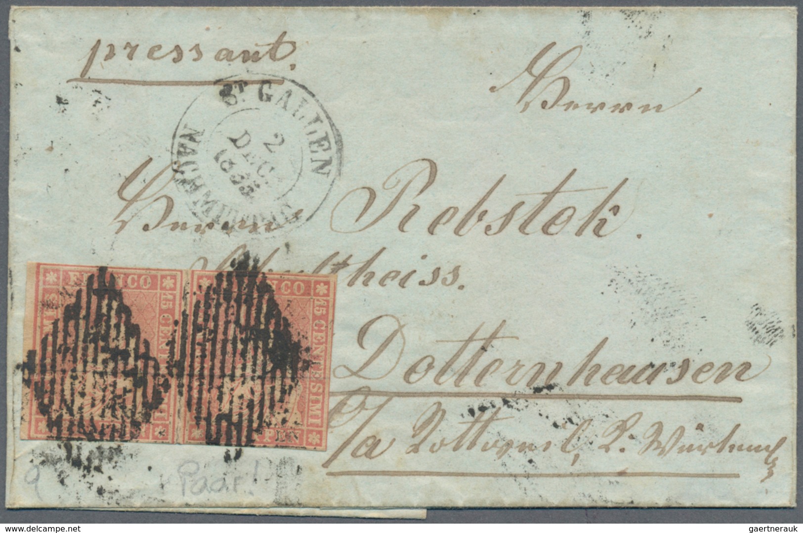 Schweiz: 1855 Strubel 15 Rp. Rötlichkarmin, Waagerechtes Paar Als 30 Rp.-Frankatur Auf Kleiner Faltb - Ungebraucht