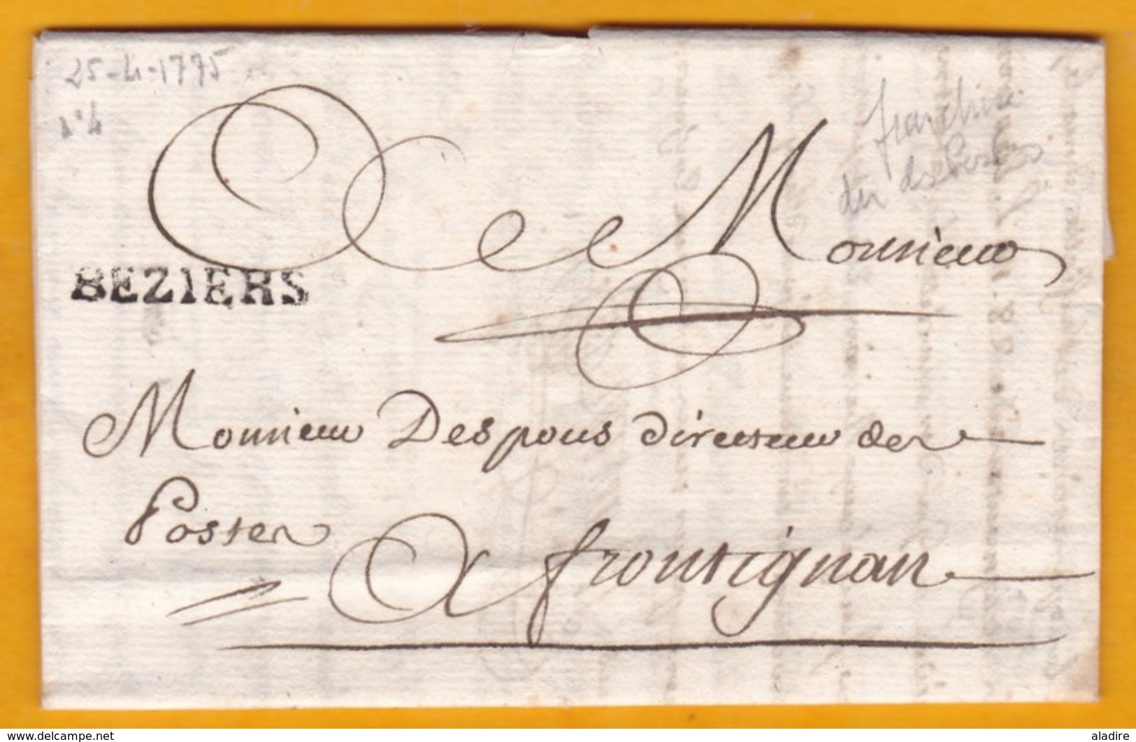 1775 - Marque Postale BEZIERS, Hérault Sur Lettre Avec Corresp. De 3 Pages Vers Frontignan, Hérault - Règne Louis XVI - 1701-1800: Précurseurs XVIII