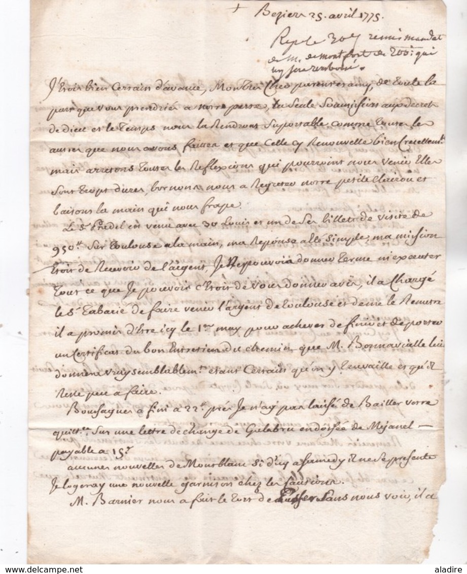 1775 - Marque Postale BEZIERS, Hérault Sur Lettre Avec Corresp. De 3 Pages Vers Frontignan, Hérault - Règne Louis XVI - 1701-1800: Précurseurs XVIII