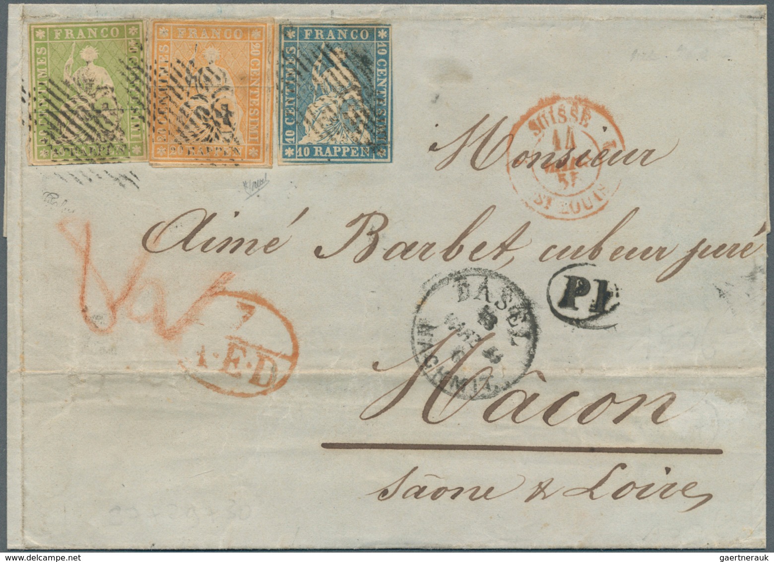 Schweiz: 1857: Dreifarbenfrankatur "Sitzende Helvetia" Auf Faltbriefhülle (Büge, Kl. Risse) Nach Fra - Neufs