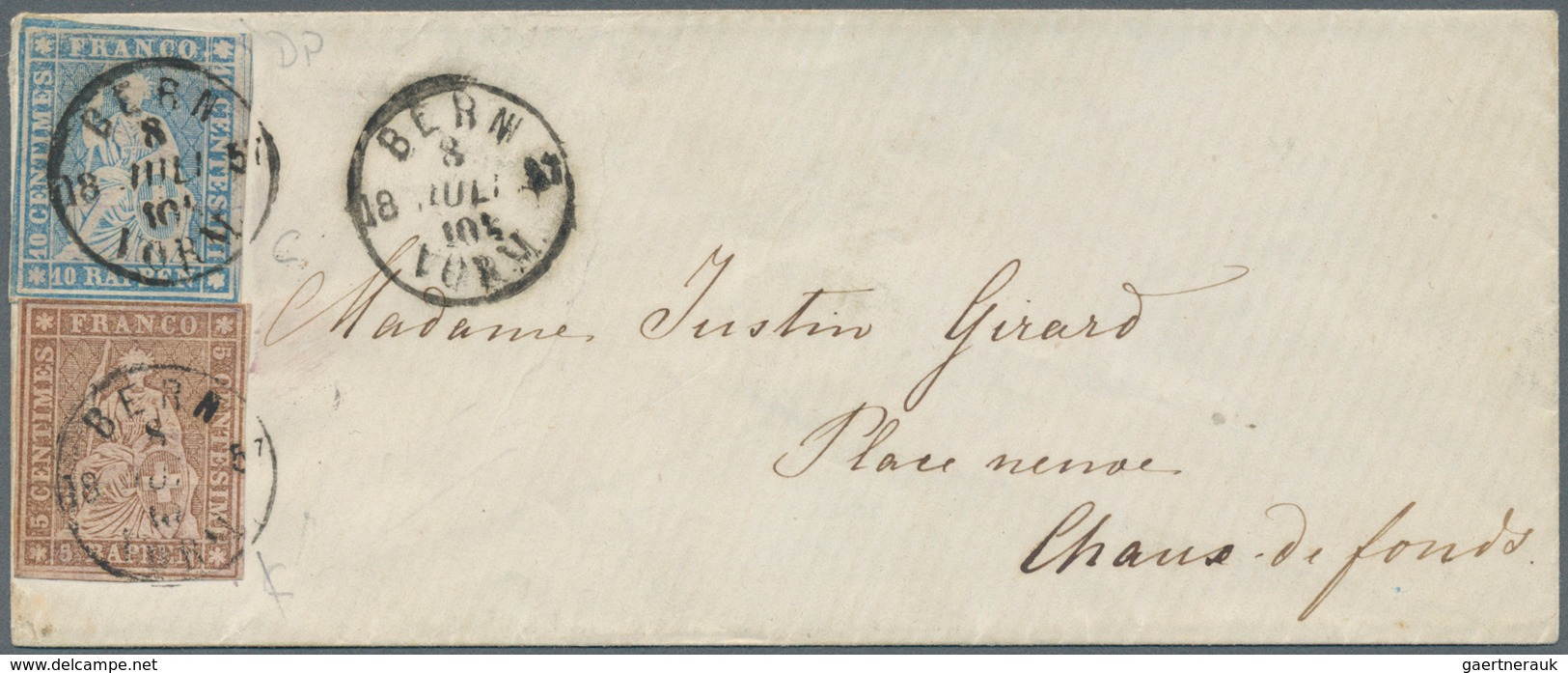 Schweiz: 1854, 10 Rappen Blau Mit PLATTENFEHLER III Und 5 Rappen Braun Auf Kleinem Damen-Brief Mit K - Neufs