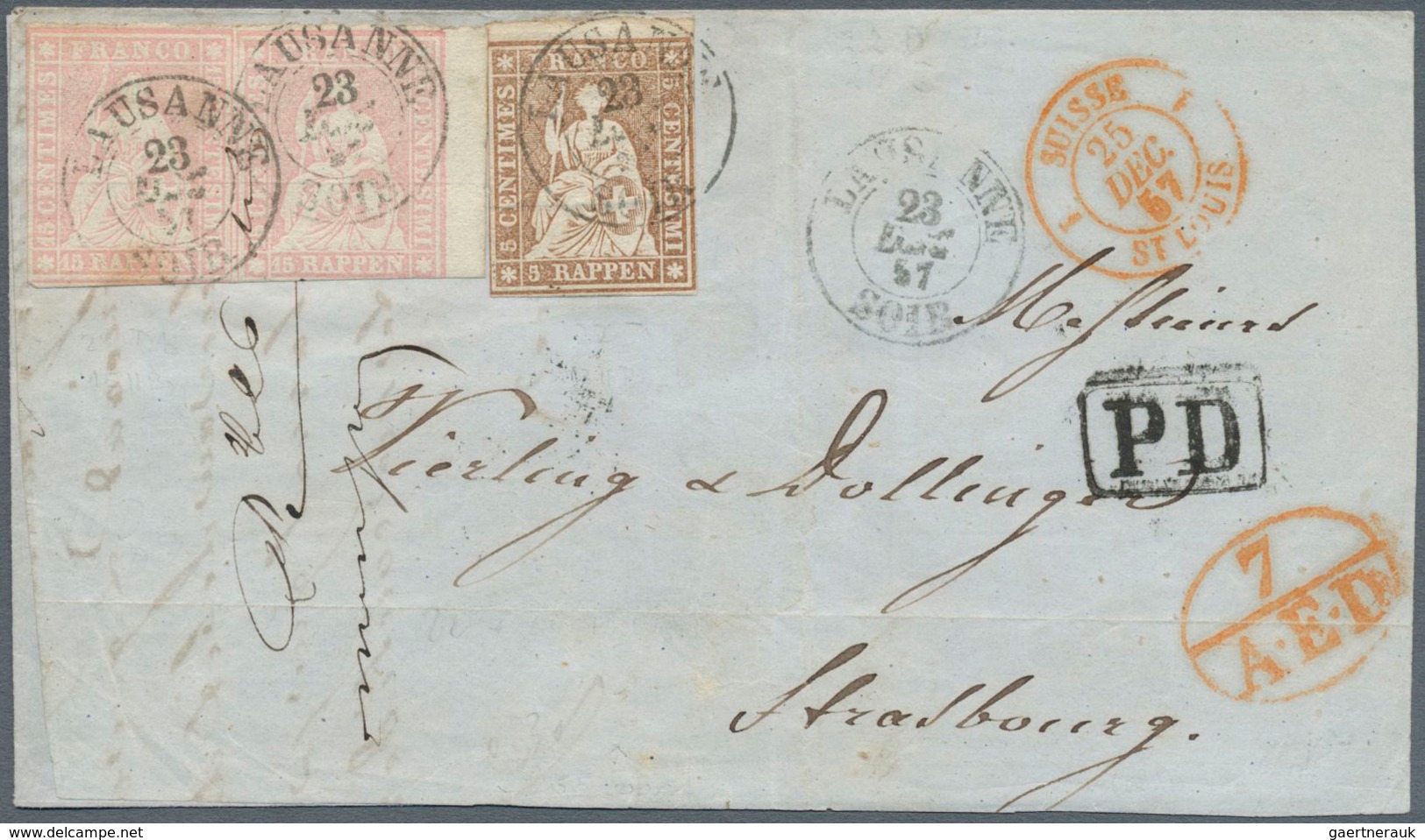 Schweiz: 1857 Briefhülle Von Lausanne Nach Straßburg, Frankiert Mit Paar 15 Rp. Blassrosa, Bogenrand - Ungebraucht
