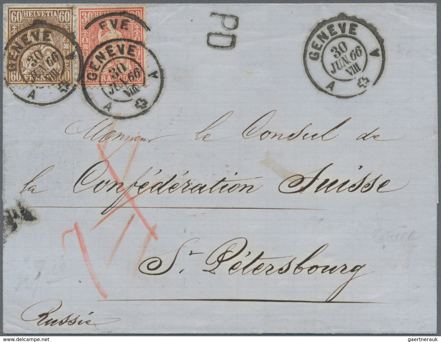 Schweiz: 1866 Destination RUSSLAND: Faltbriefhülle Von Genf An Den Schweiz. Konsul In St. Petersburg - Ungebraucht
