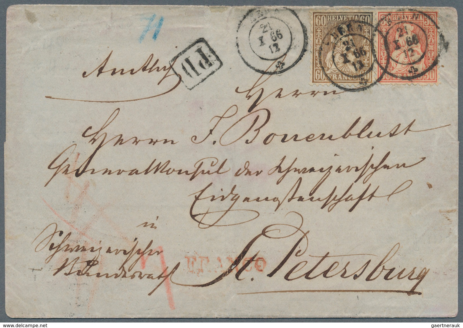 Schweiz: 1862 Sitzende Helvetia 60 Rp. Kupferbronze Zusammen Mit 30 Rp. Zinnober Auf Faltbriefhülle - Neufs