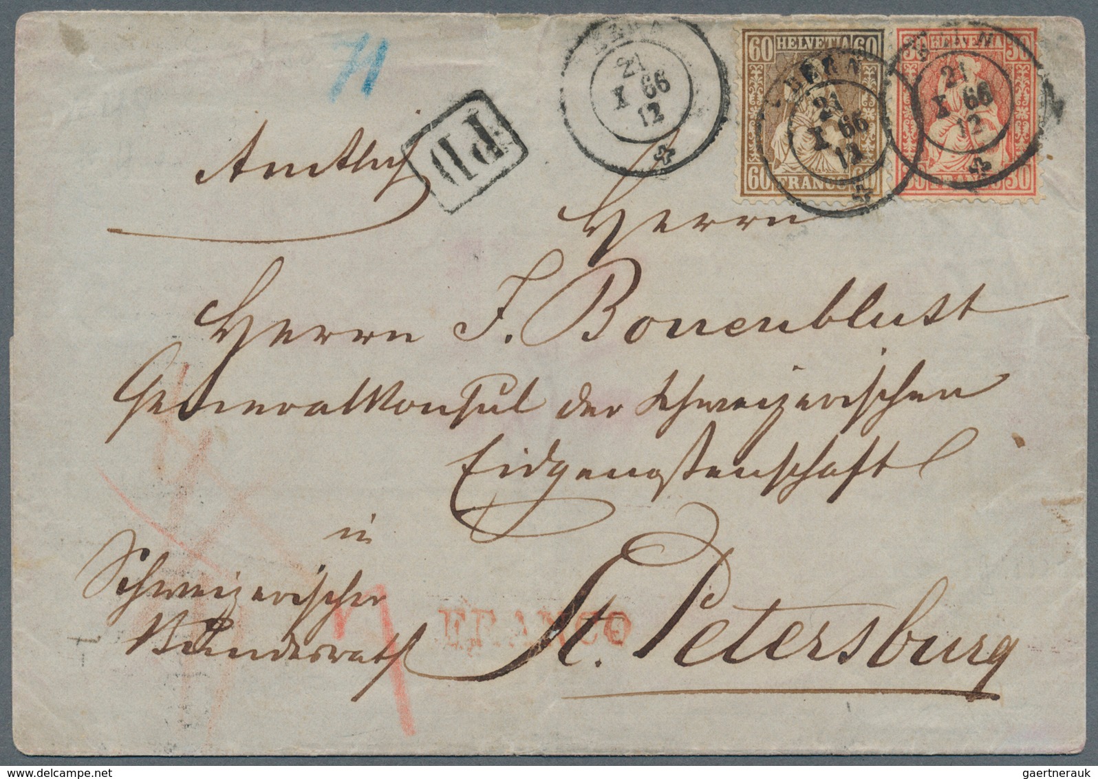 Schweiz: 1862 Sitzende Helvetia 60 Rp. Kupferbronze Zusammen Mit 30 Rp. Zinnober Auf Faltbriefhülle - Ungebraucht