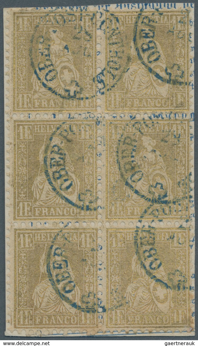 Schweiz: 1862, 1 Fr Gold Im 6er-Block Auf Briefstück, Einzeln Gestempelt Mit Blauem "OBER-POST-CONTR - Neufs