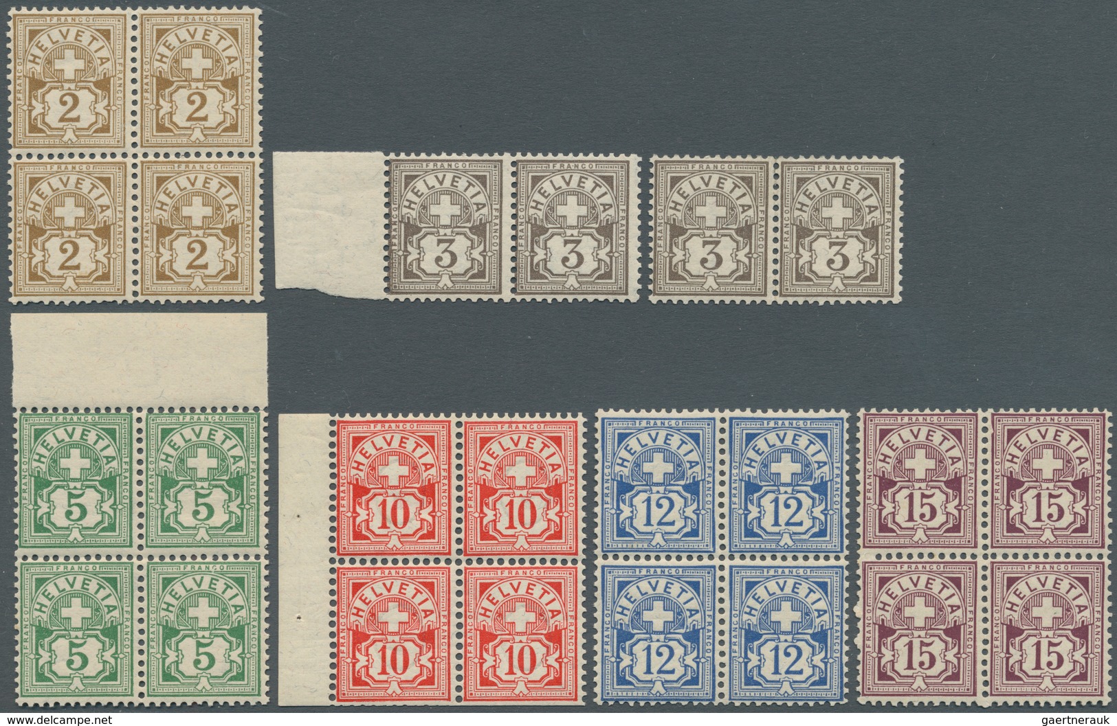 Schweiz: 1894/1906: Postfrischer Satz 4er-Blocks Bzw. Zweier Paare (3 Rp.), 10 Rp. Mit Schmalem Kont - Ungebraucht