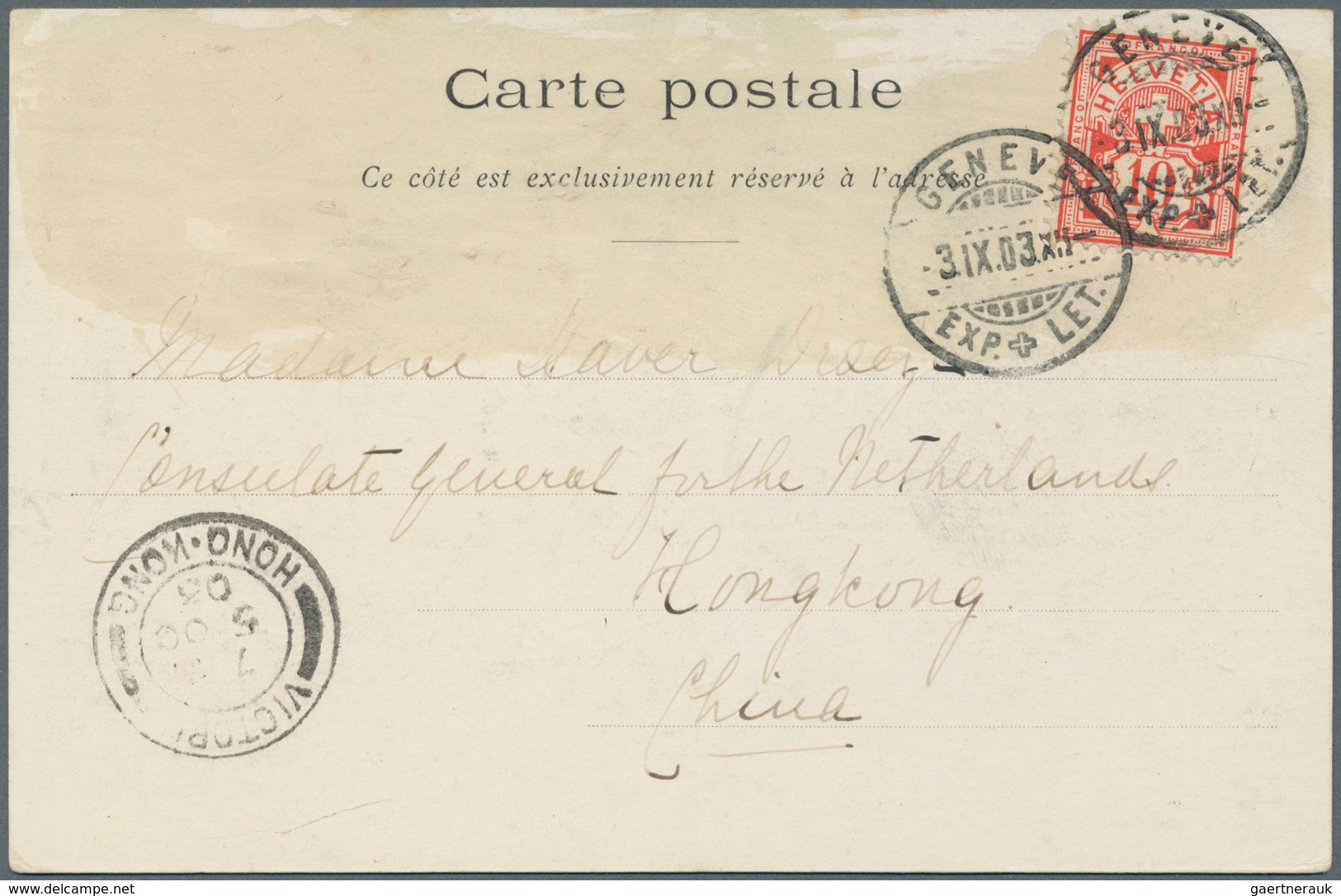 Schweiz: 1901/1903, 2 Ansichtskarten Von Genf Nach Hongkong/China An Das Niederländische Konsulat 19 - Ungebraucht