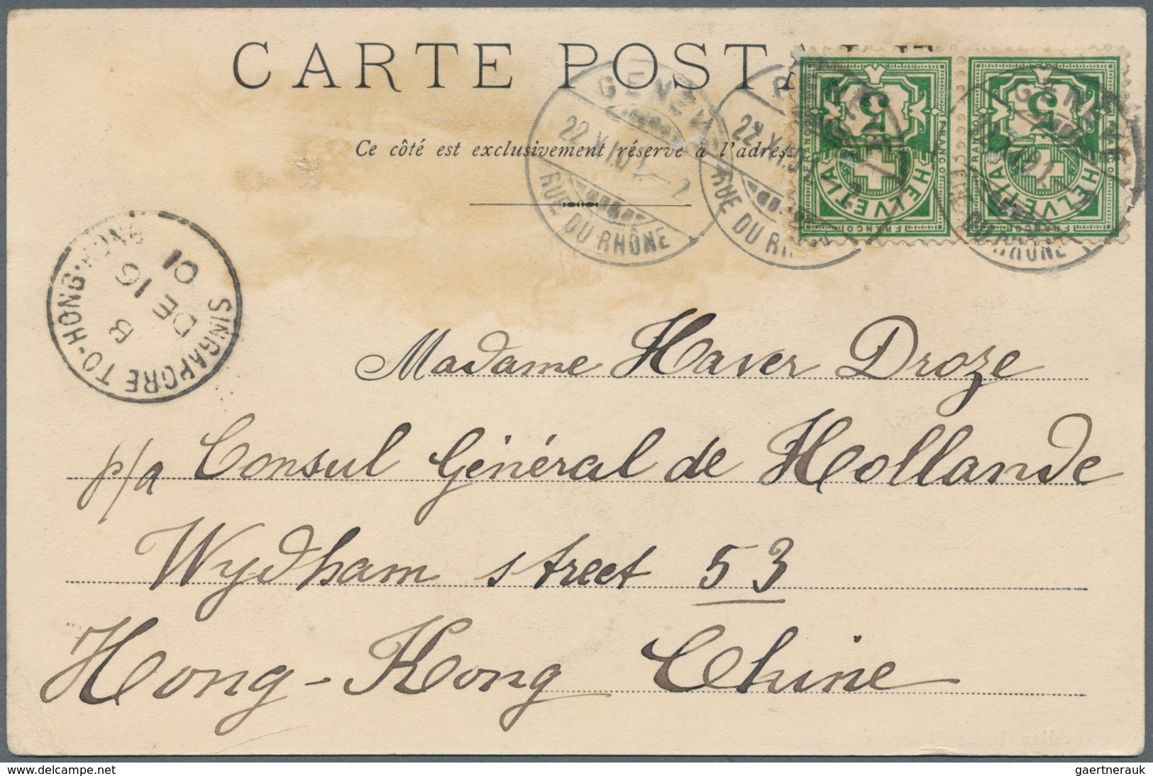 Schweiz: 1901/1903, 2 Ansichtskarten Von Genf Nach Hongkong/China An Das Niederländische Konsulat 19 - Ungebraucht