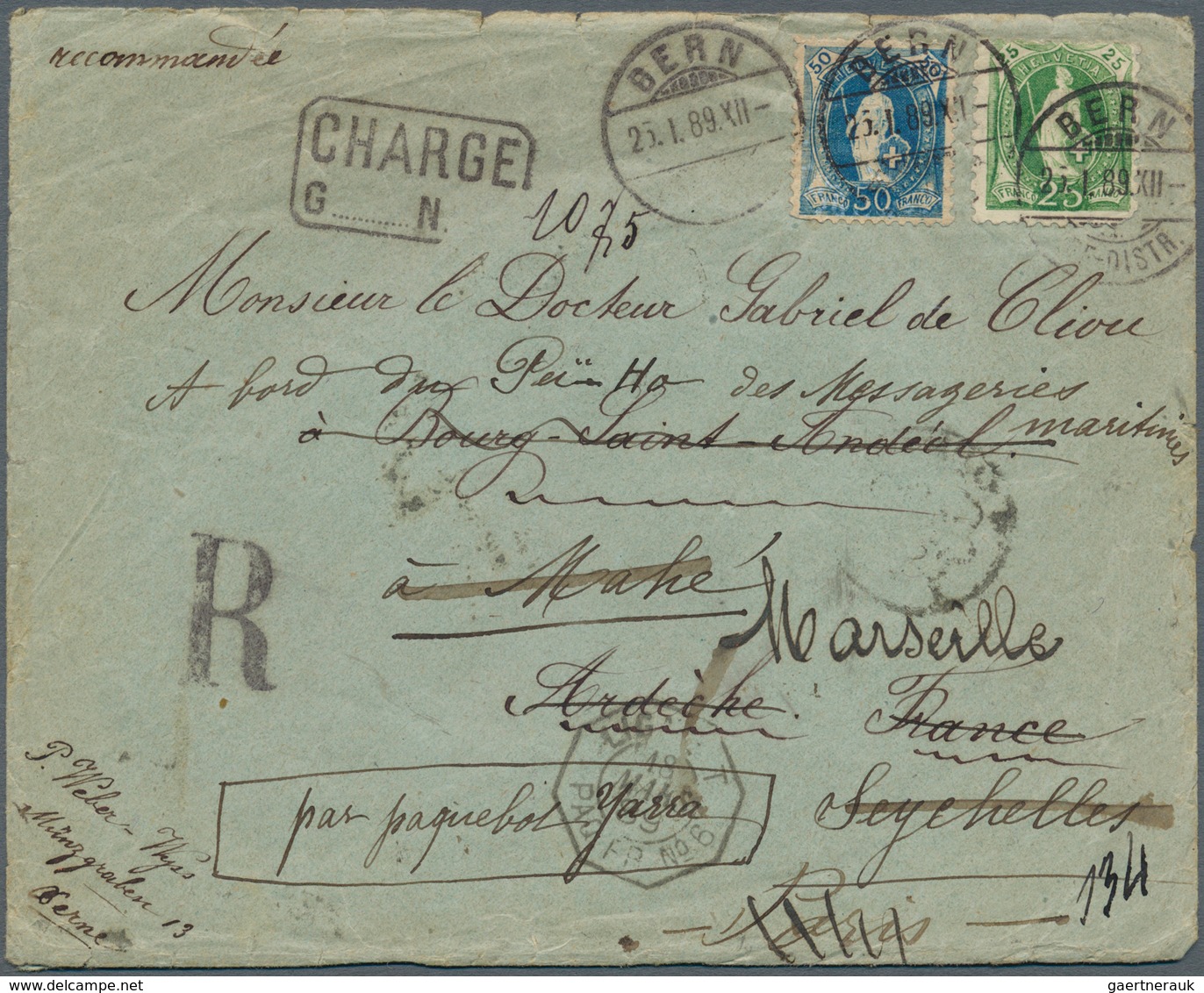 Schweiz: 1889, Eingeschriebener Brief Von Bern Nach Frankreich, Weitergeleitet An Einen Passagier De - Ungebraucht