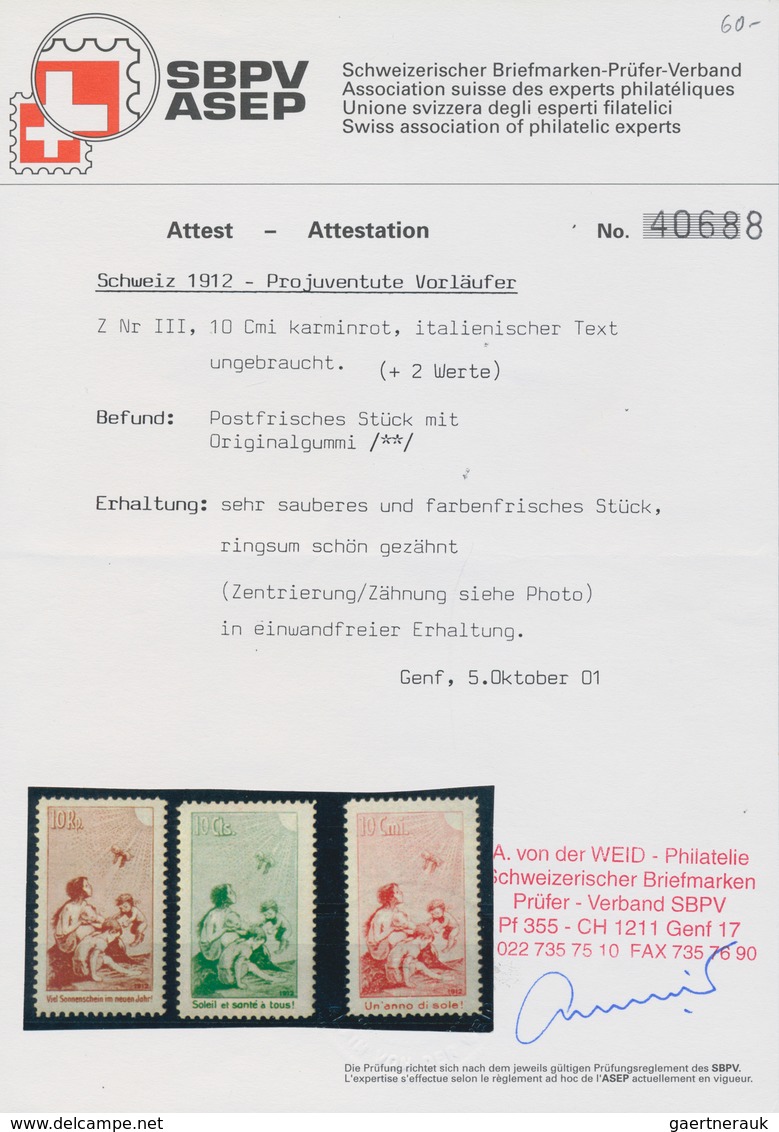 Schweiz: 1912 Pro Juventute-Vorläufer: Kompletter Satz Der Drei Marken, Tadellos Postfrisch, Attest - Neufs