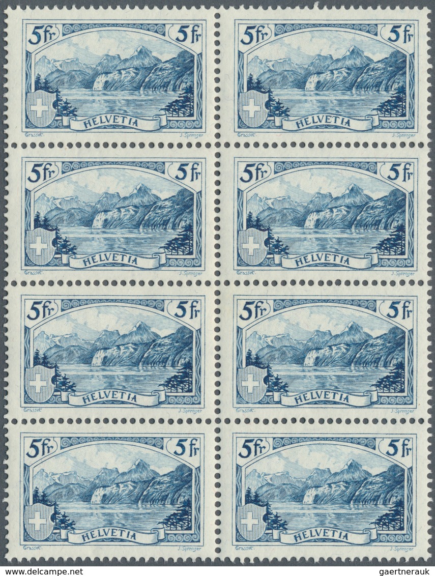 Schweiz: 1928-31 'Gebirgslandschaften' 5 Fr. Blau Im Postfrischen 8er-Block, Mit Den üblichen, Leich - Neufs