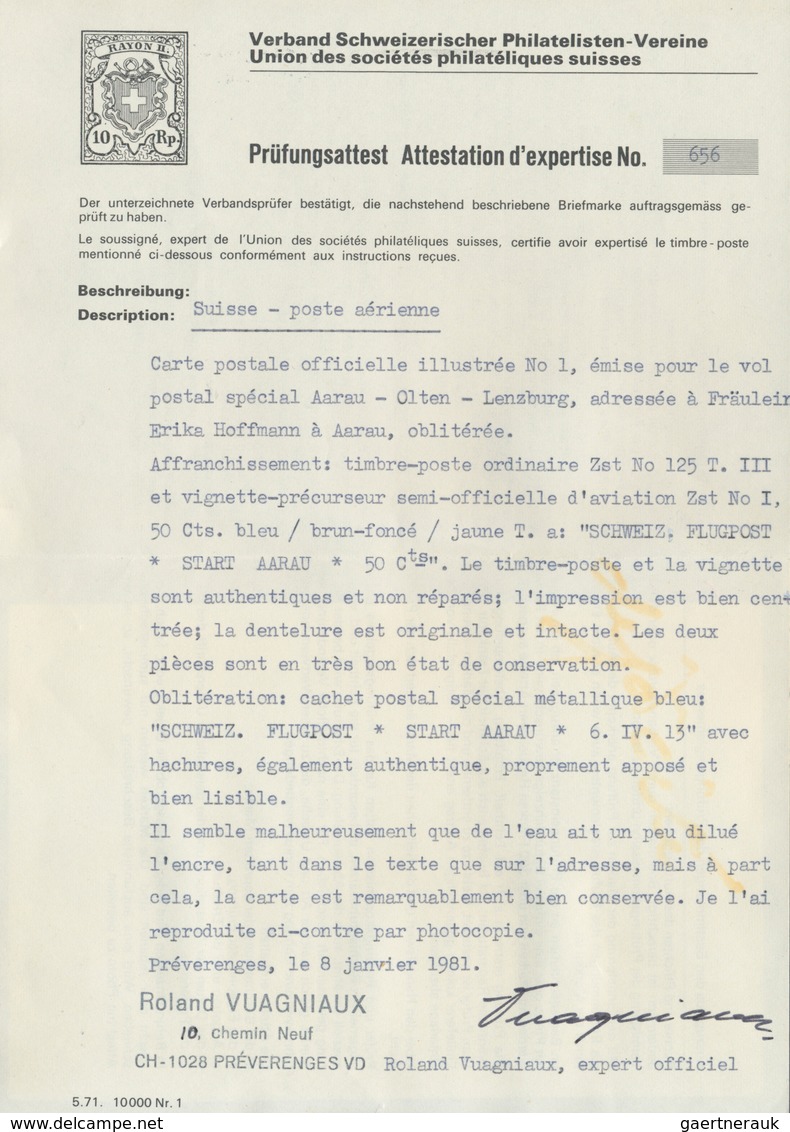 Schweiz - Halbamtliche Flugmarken: 1913, 50 C. Flugpost Aarau - Olten Und 5 C. Freimarke Je Mit Flug - Other & Unclassified