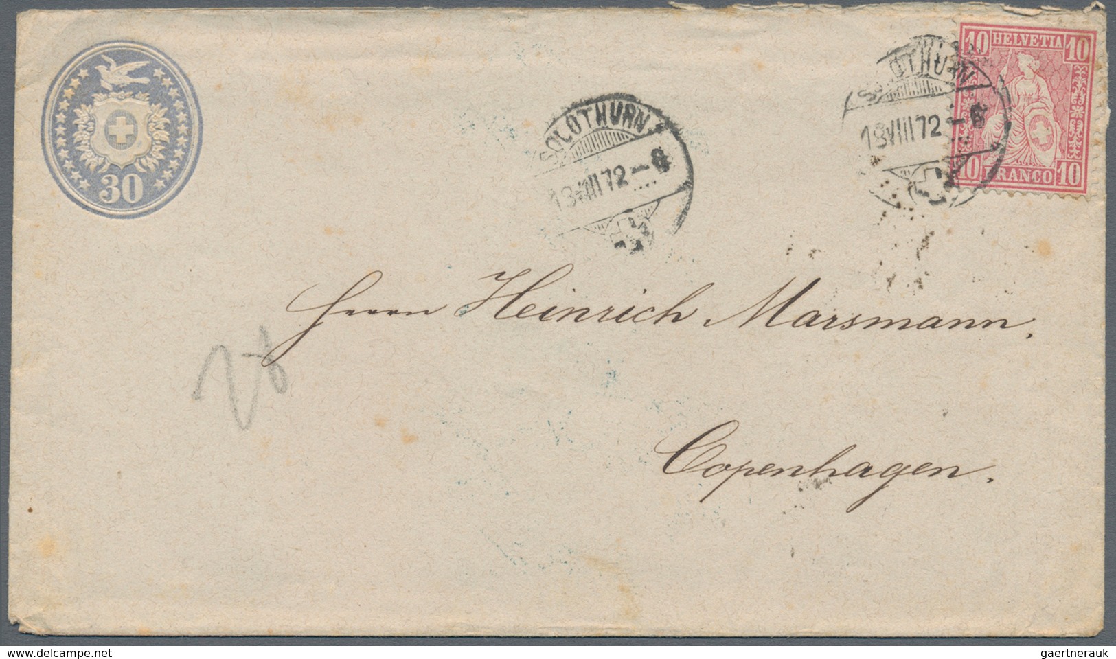 Schweiz - Ganzsachen: 1872, 30 C. "Tübli-Umschlag" Mit 10 C. Stehende Helvetia Als Zusatzfrankatur Z - Stamped Stationery