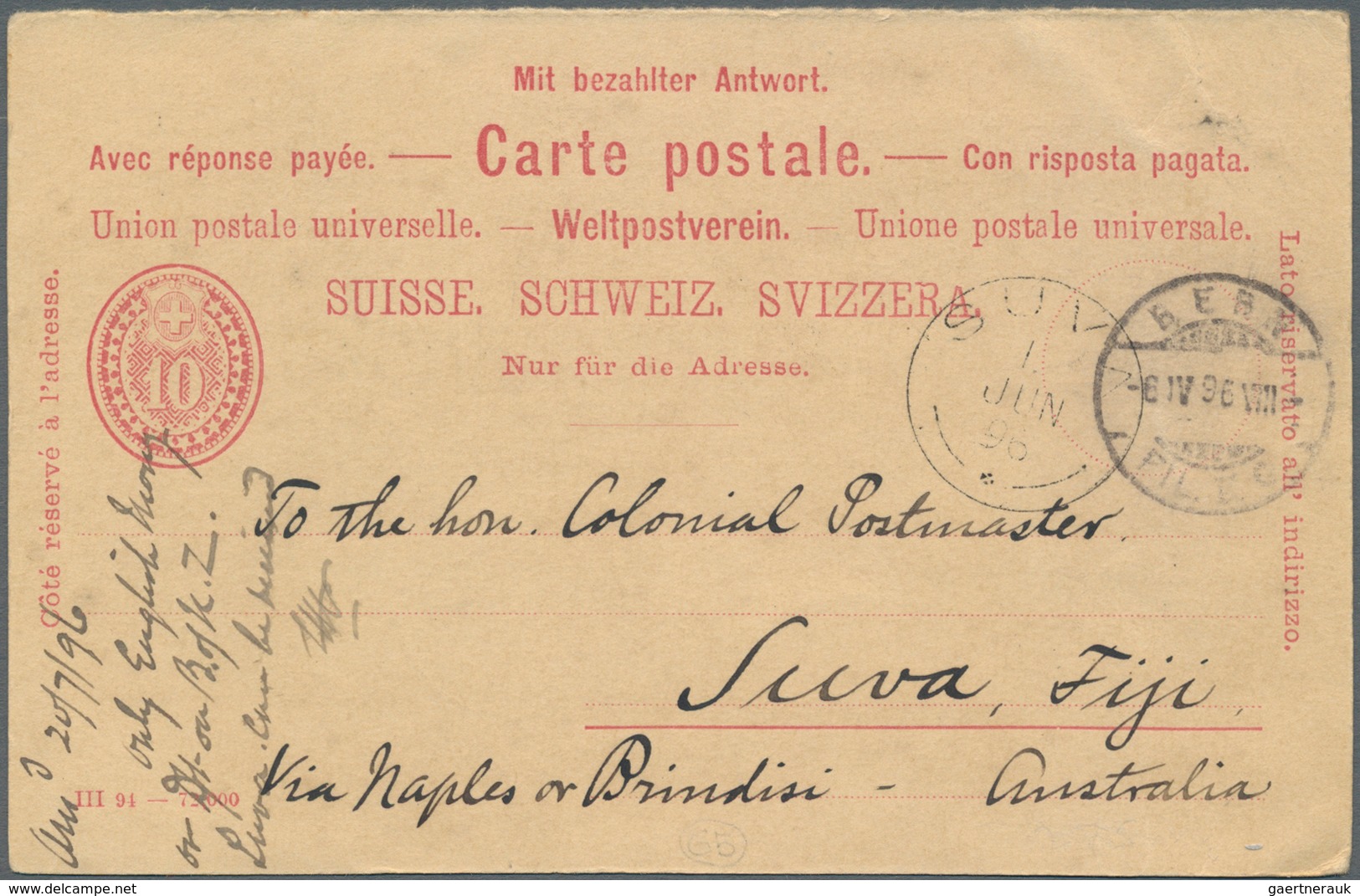 Schweiz - Ganzsachen: 1896. 10 Rp Ganzsachenpostkarte (Frageteil) Aufgegeben In BERN 6.IV.(18)96 Nac - Stamped Stationery