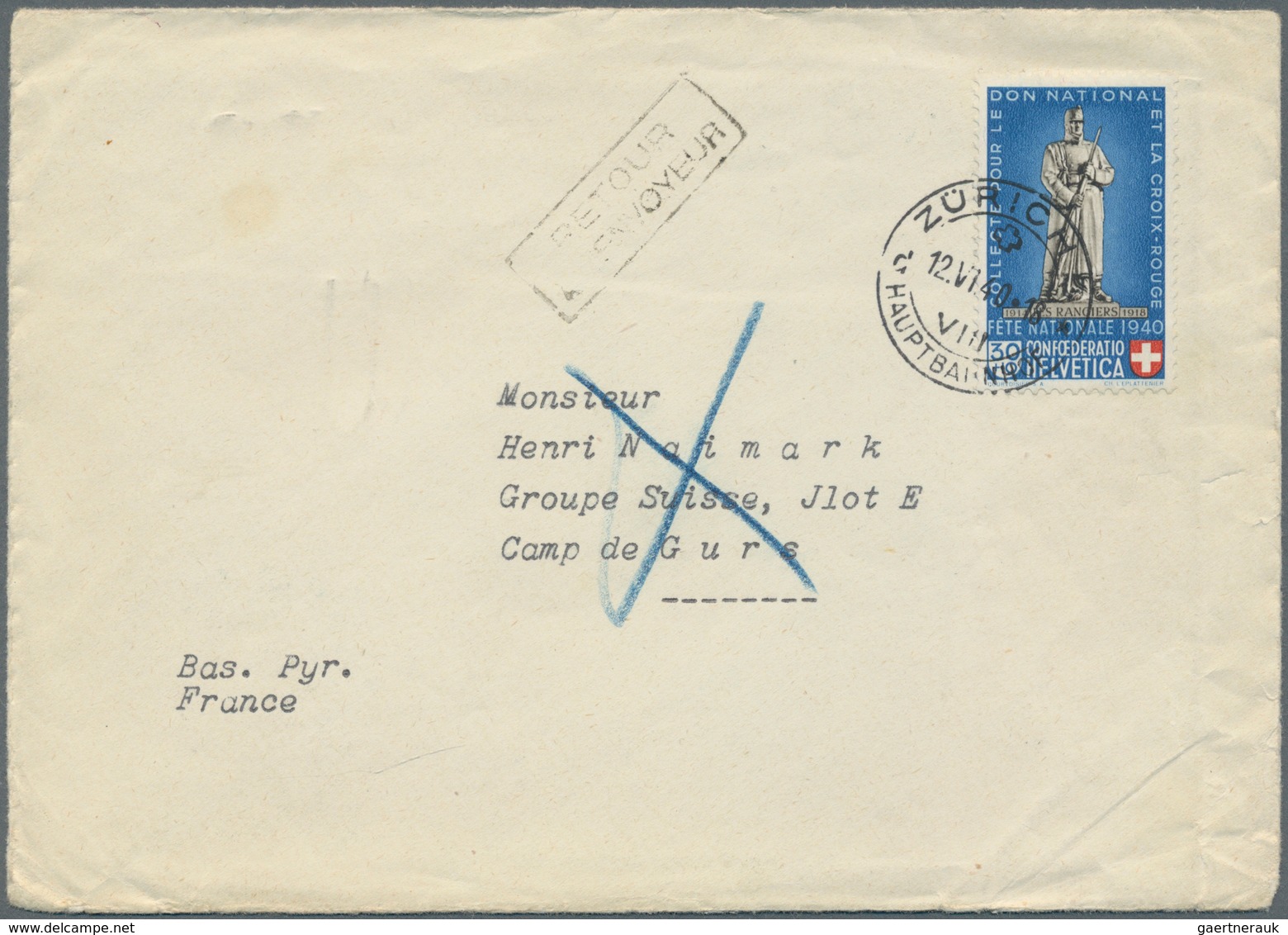 Schweiz - Besonderheiten: 1940 Brief Von Zürich An Das Jüdische Internierungslager Von Gurs In Den P - Autres & Non Classés