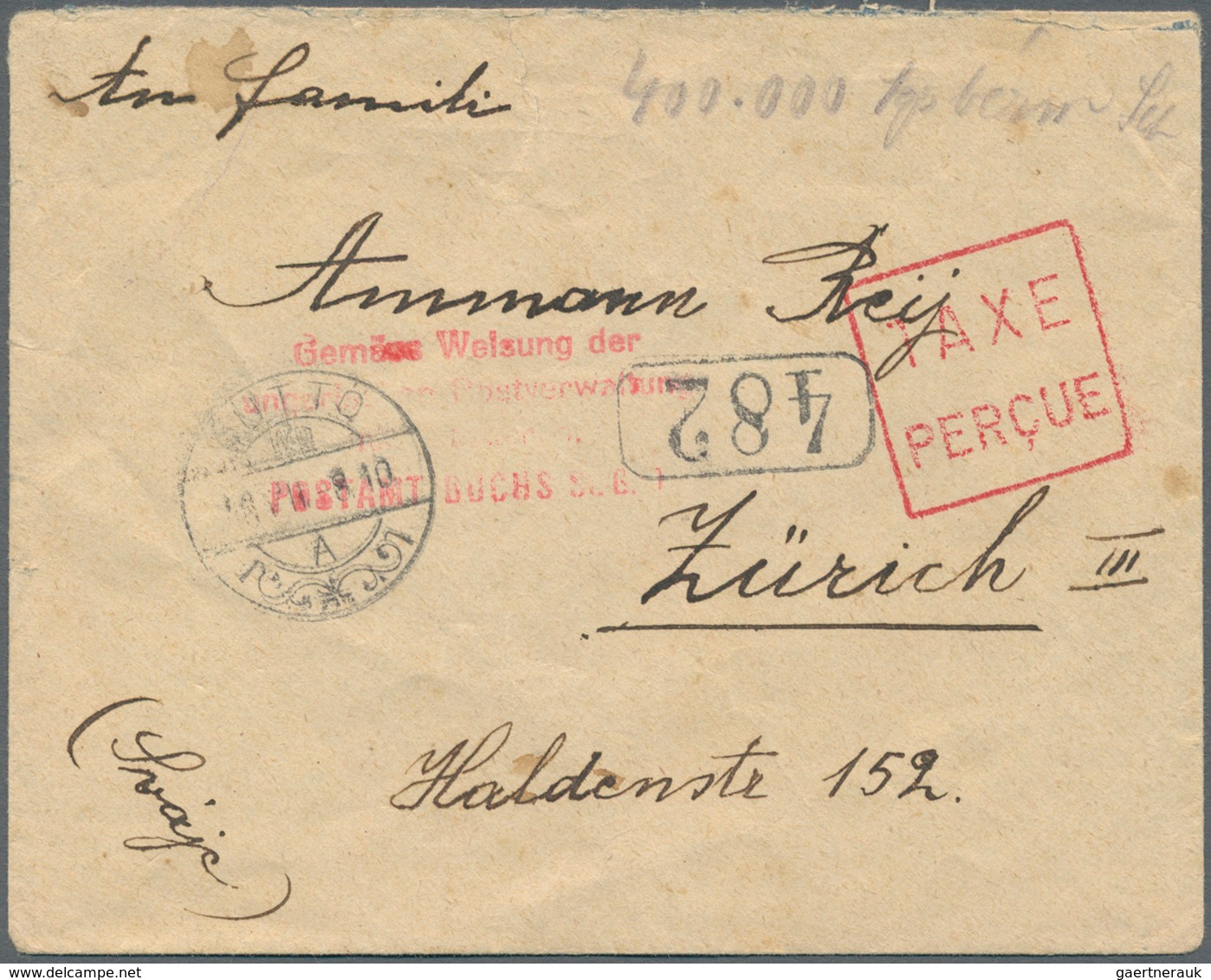 Schweiz - Besonderheiten: 1946, Letter Sent With "TAXE PERCUE" And Pencil Note "400.000 ..." From SÜ - Autres & Non Classés