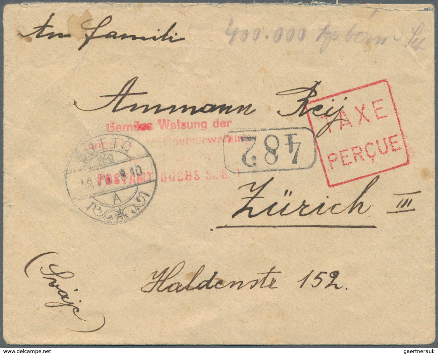 Schweiz - Besonderheiten: 1946, Letter Sent With "TAXE PERCUE" And Pencil Note "400.000 ..." From SÜ - Sonstige & Ohne Zuordnung