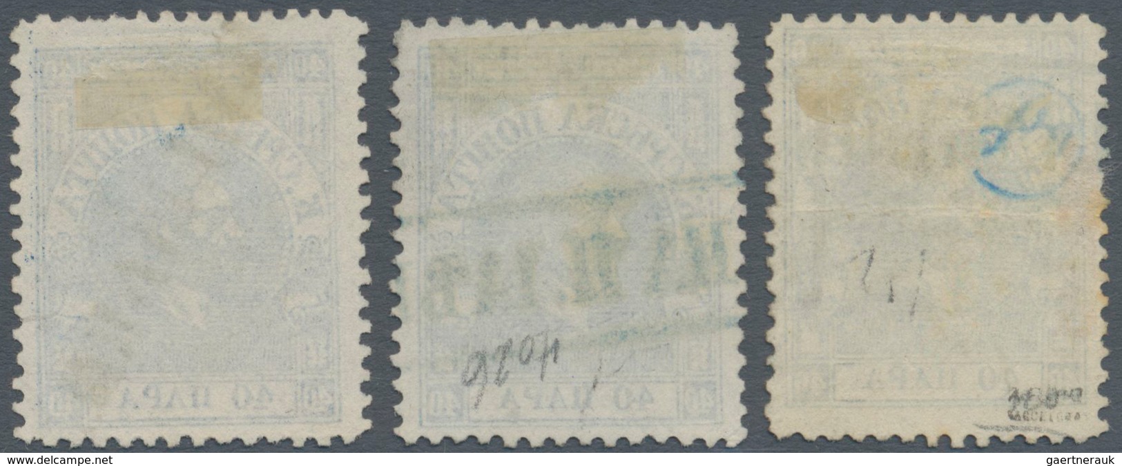 Serbien: 1866, 40pa. Ultramarine, Perf. 12, Group Of Three Used Copies Showing Clear Strikes Of Vari - Serbien