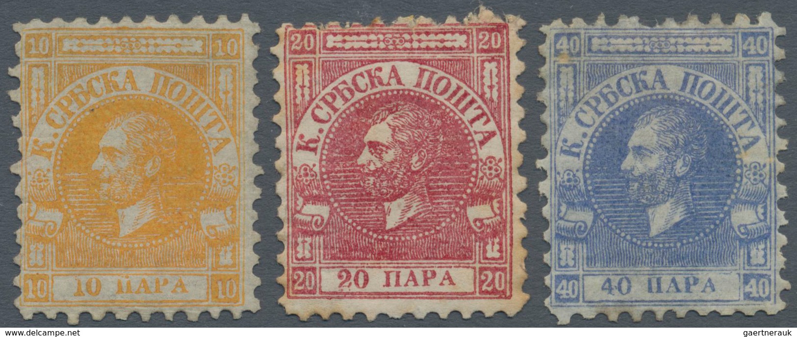 Serbien: 1866, Definitives Michail Perf. 9½, 10pa. Orange, 20pa. Rose And 40pa. Ultramarine, Set Of - Serbia