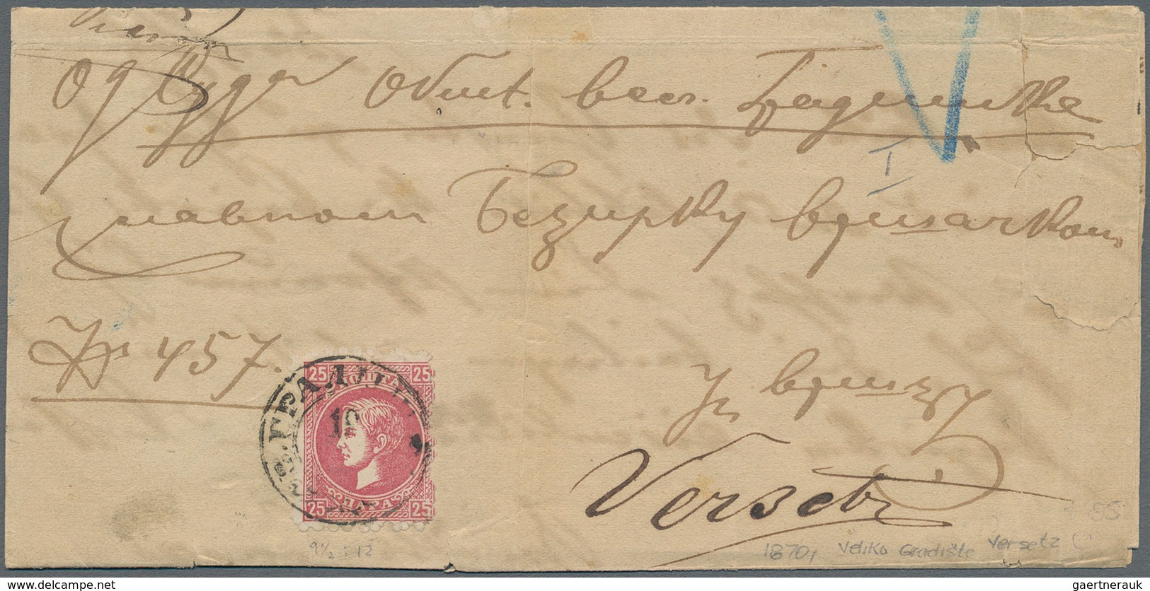 Serbien: 1870. Cover To Hungary Franked 25 P Carmine-rose Perf L9 1/2 X 12 Of Prince Milan FIRST PRI - Serbien