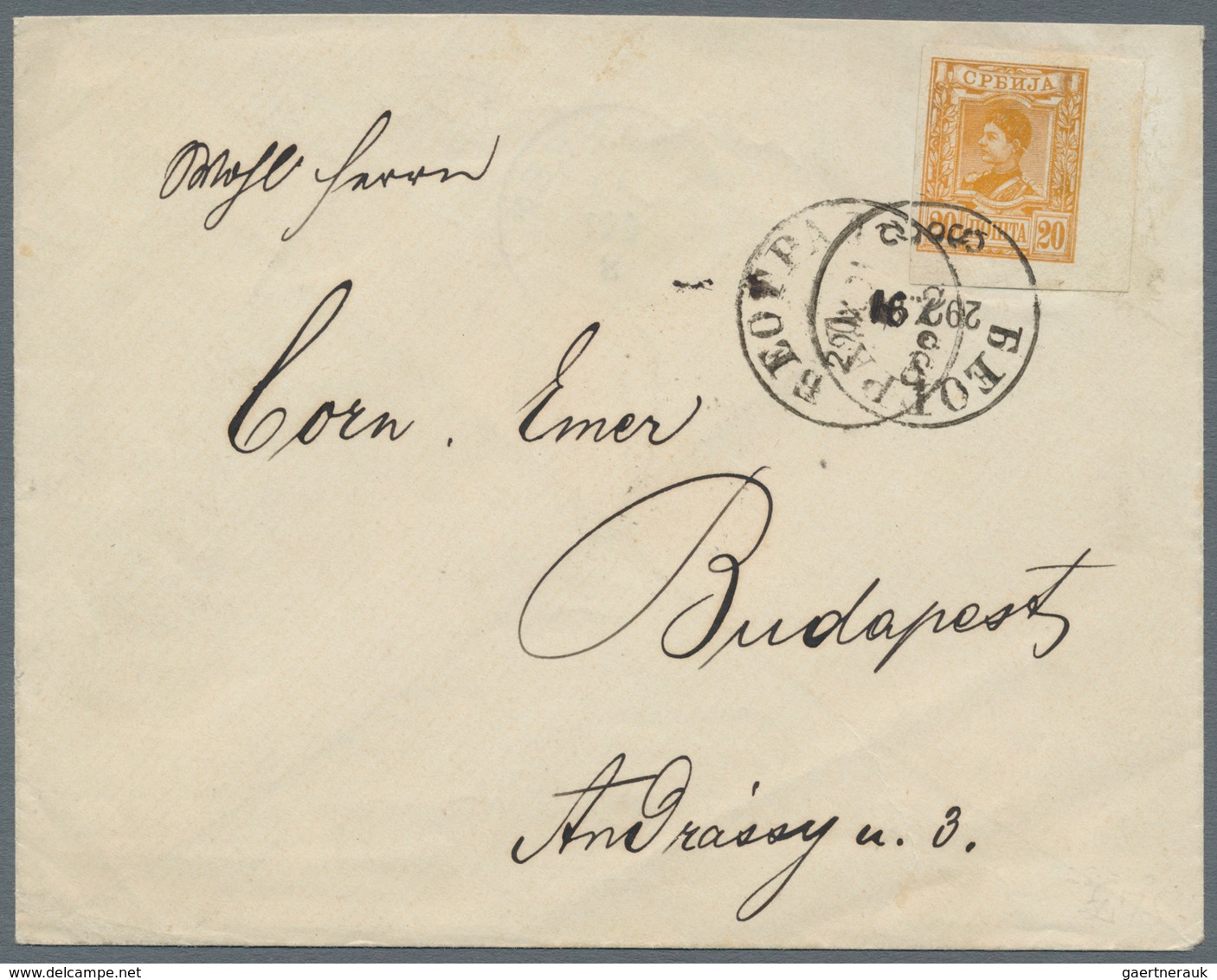 Serbien: 1891, 20pa. Orange IMPERFORATE, Right Marginal Copy On Cover From "BELGRAD 29.9.91" To Buda - Serbien