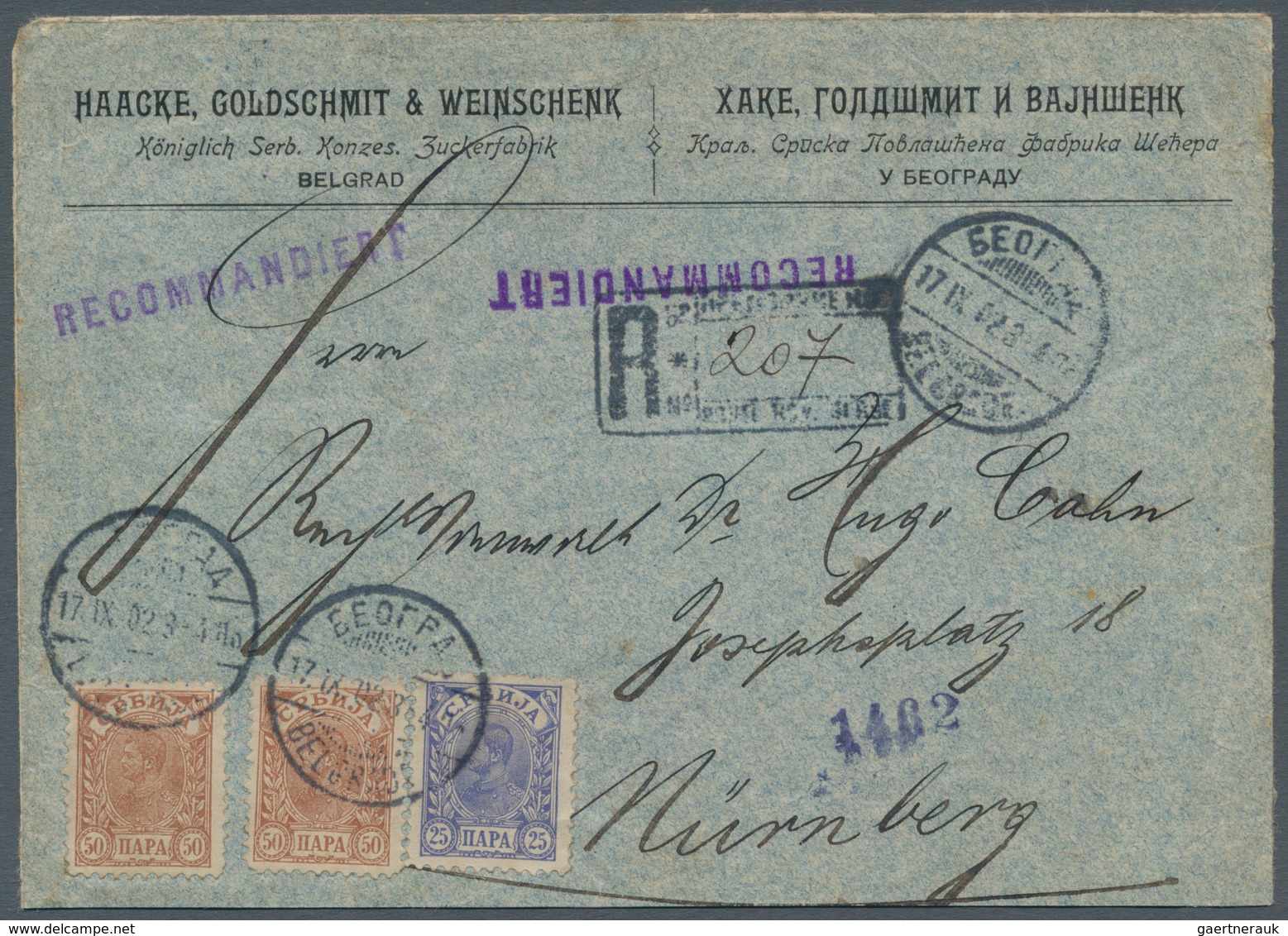 Serbien: 1902, 25pa. Ultramarine And Two Copies 50pa. Brown, Correct 1.25d. Rate On Regsitered Cover - Serbie