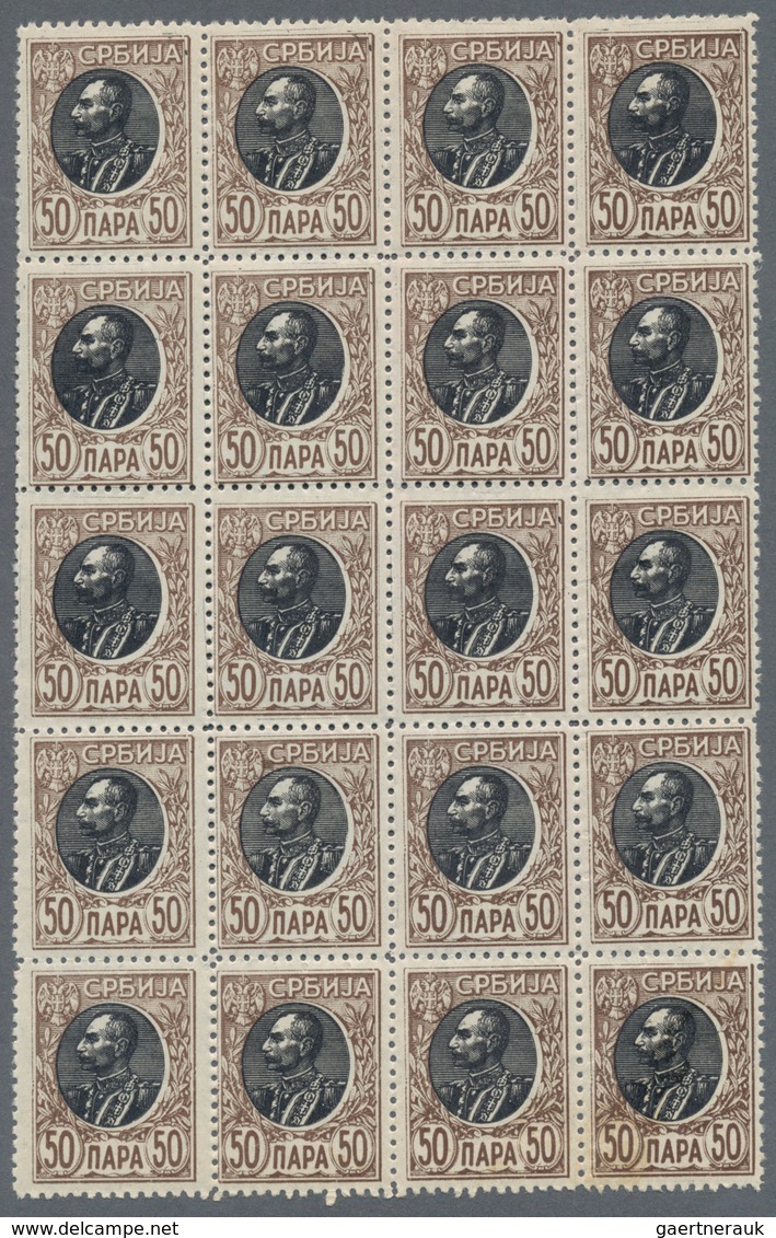 Serbien: 1905, Definitive Issue ‚King Peter I.‘ 50pa. Dark-brown/black Block Of 20 With Strong OFFSE - Serbien